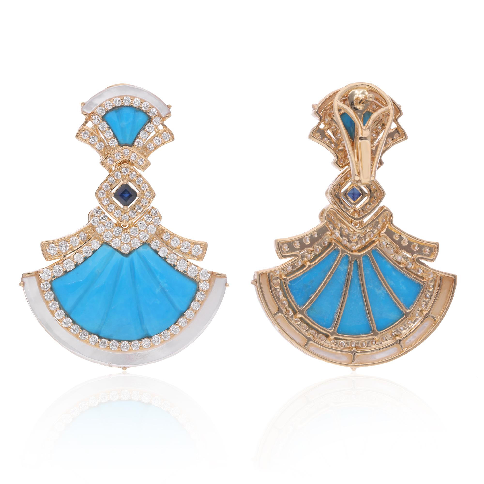 Pendientes Colgantes de Turquesa Madreperla Diamante Joyas de Oro Amarillo de 18 Kilates Moderno en venta