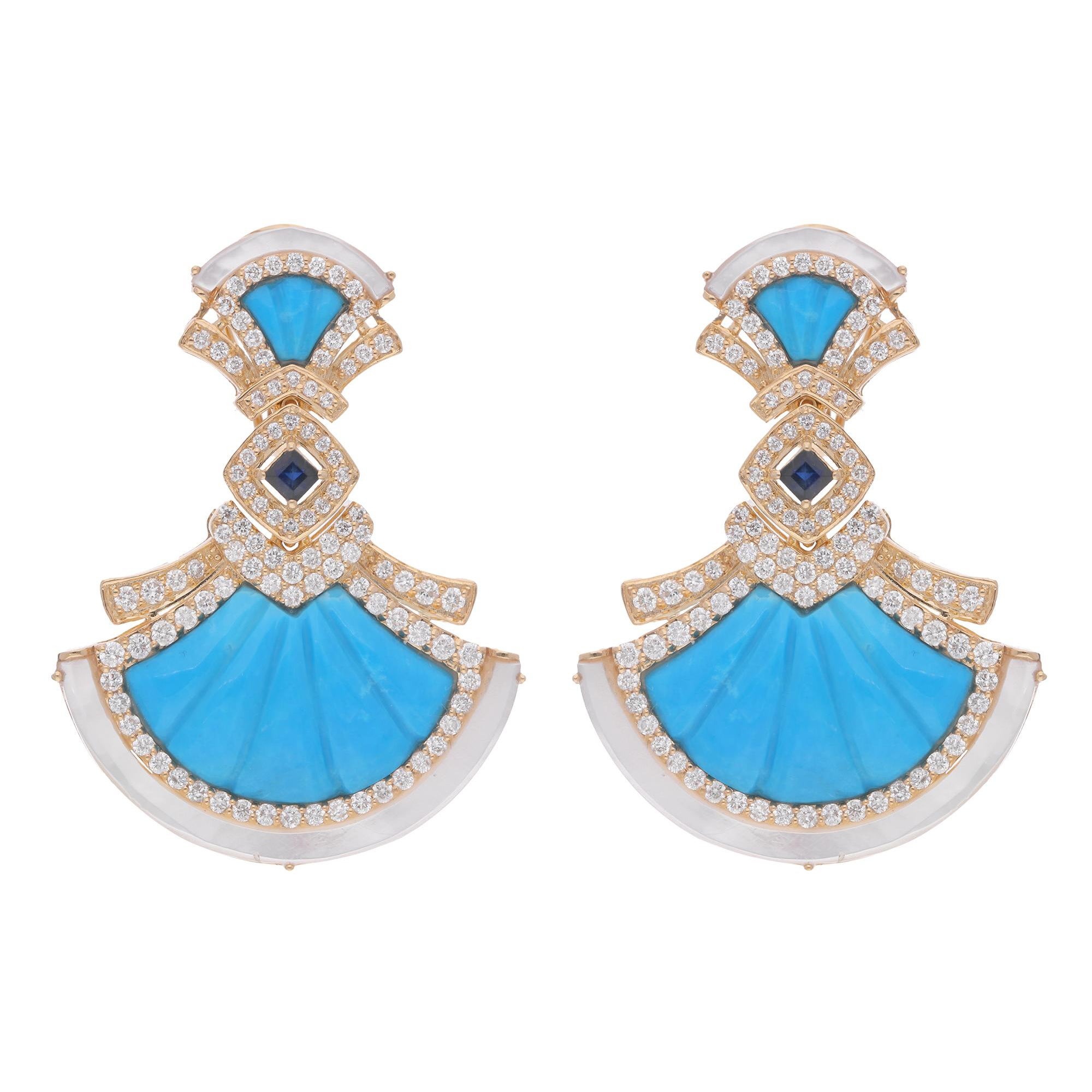 Mother Of Pear Turquoise Dangle Earrings Diamond 18 Karat Yellow Gold Jewelry