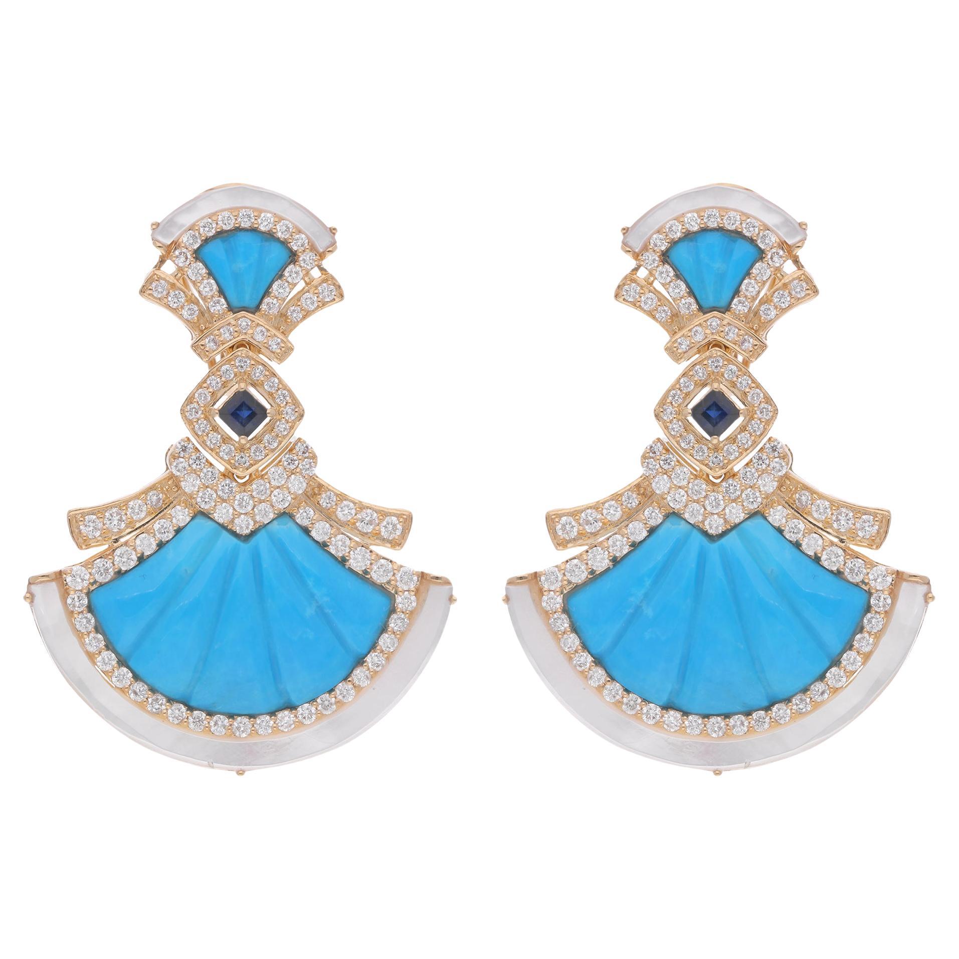 Pendants d'oreilles en or jaune 18 carats avec turquoise en poire et diamants