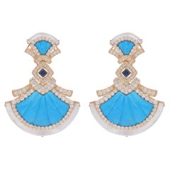 Mother Of Pear Turquoise Dangle Earrings Diamond 18 Karat Yellow Gold Jewelry