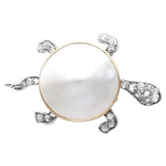Mother Of Pearl, 0.65 Carat Diamond and Peridot, 12k Yellow Gold Turtle Brooch