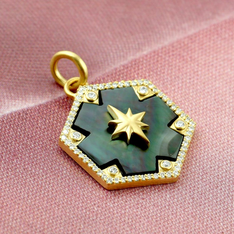 Mother of Pearl 14 Karat Gold Charm Diamond Pendant Necklace For Sale ...