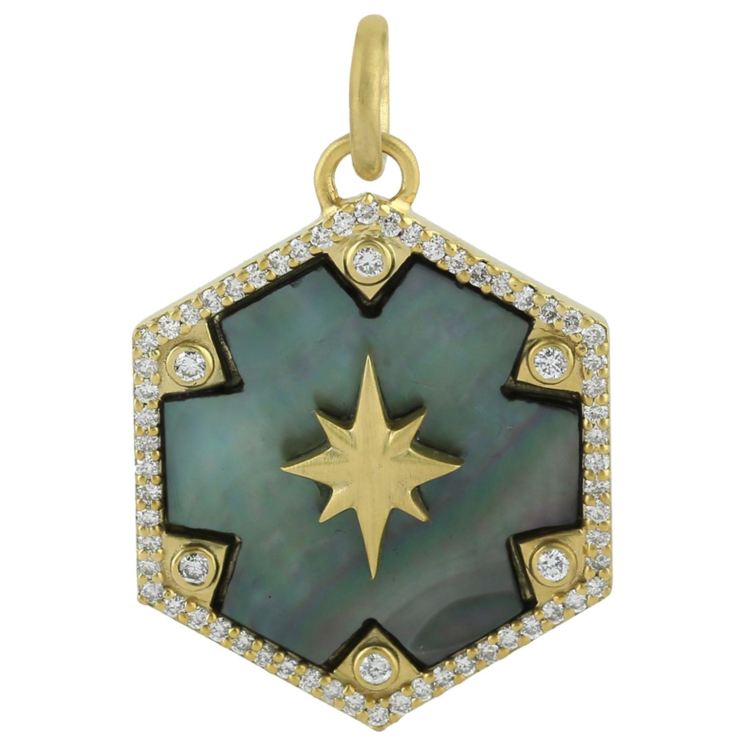 Mother of Pearl 14 Karat Gold Charm Diamond Pendant Necklace