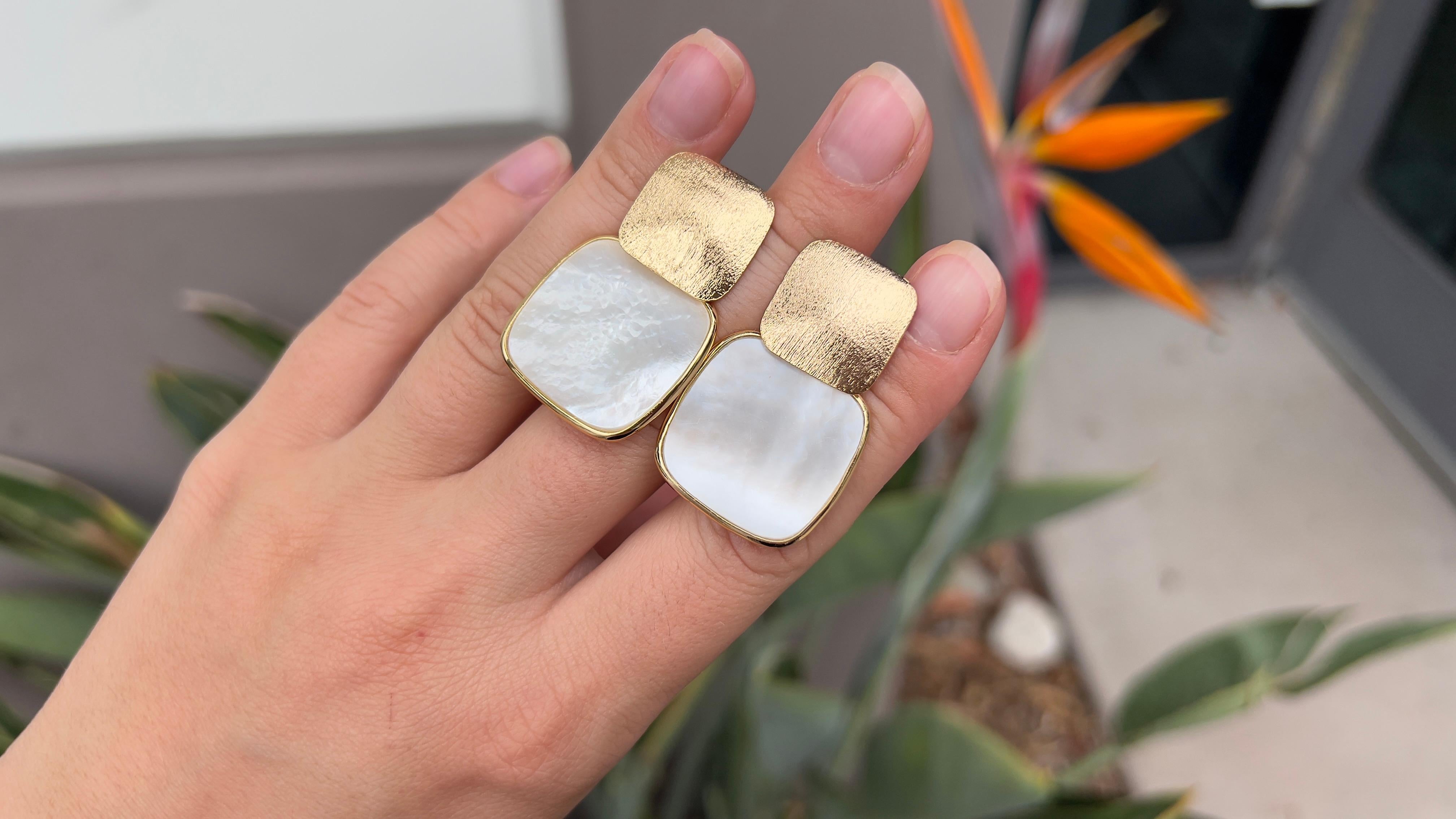 Square Cut Mother Of Pearl 18K Gold Over Silver Brushed Metal Look Earrings For Sale