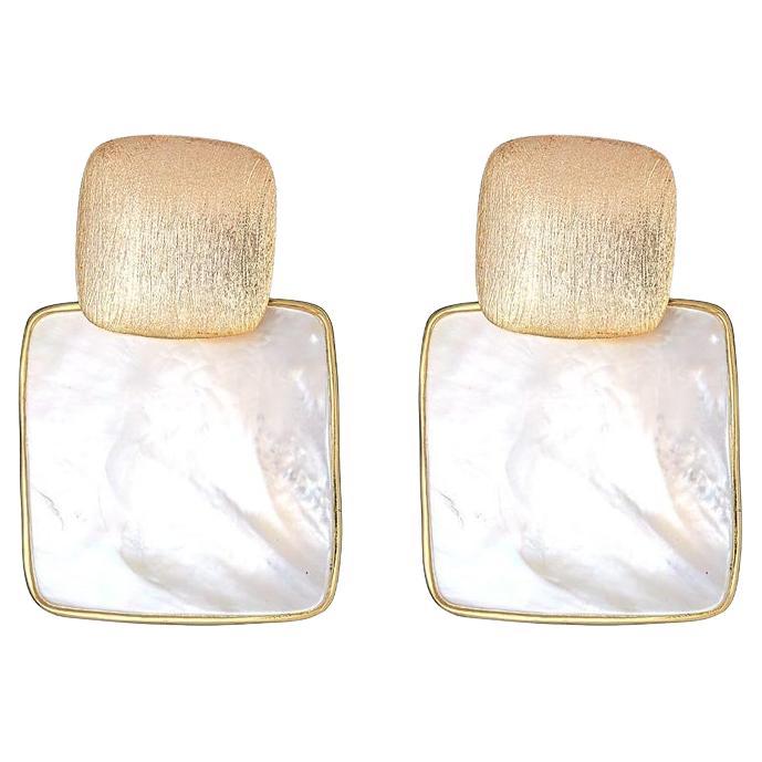 Mother Of Pearl 18K Gold Over Silver Brushed Metal Look Earrings For Sale