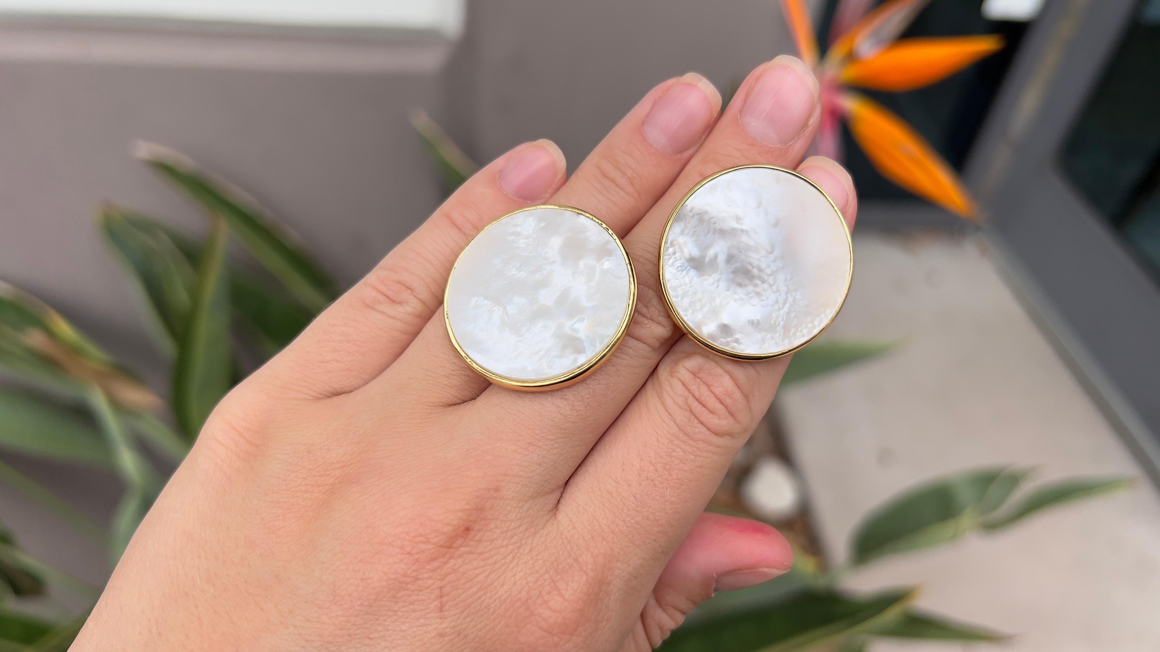 Round Cut Mother Of Pearl 18K Gold Over Silver Earrings For Sale
