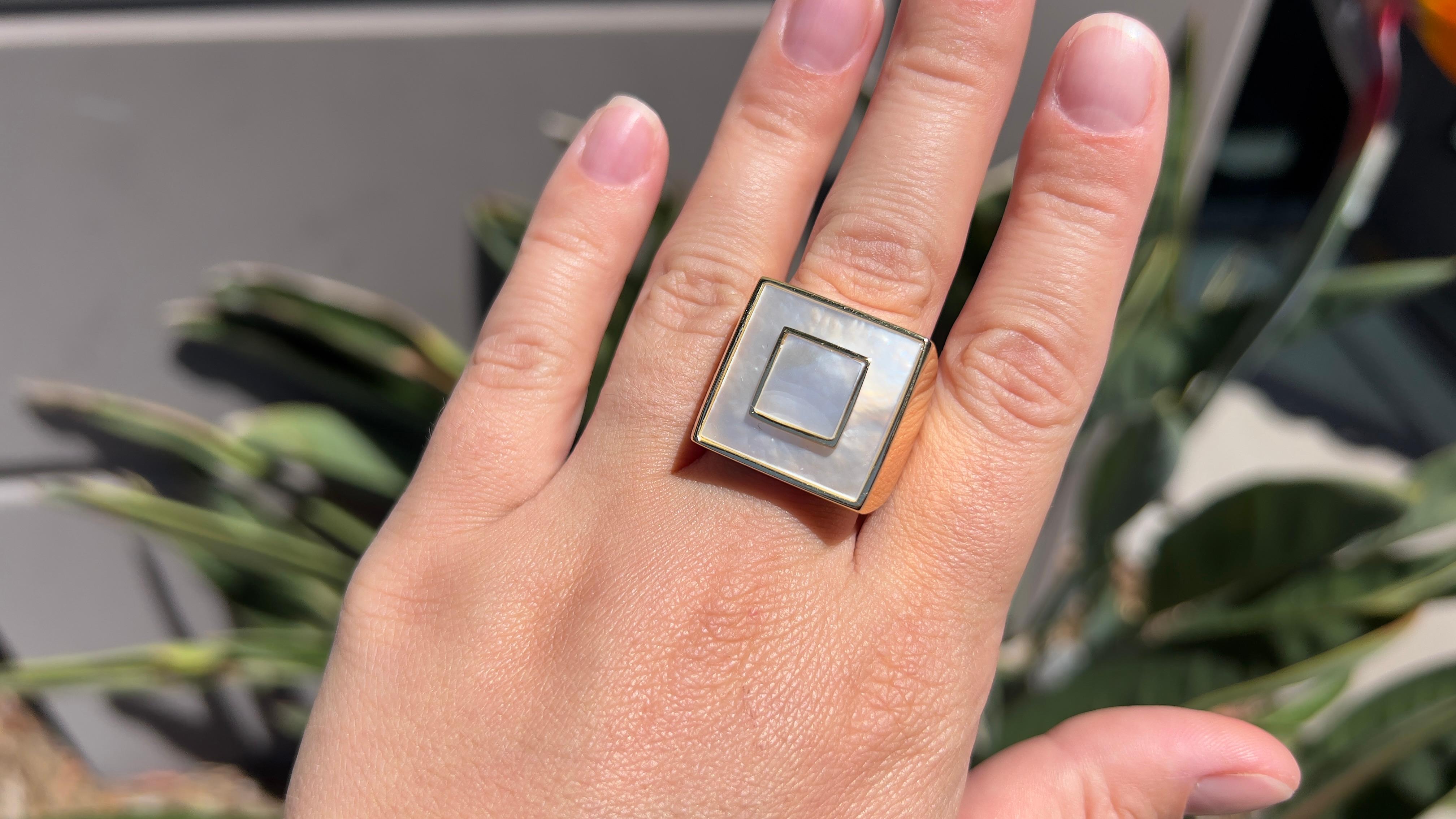 Square Cut Mother of Pearl 18K Gold Plated Ring Italian Made For Sale