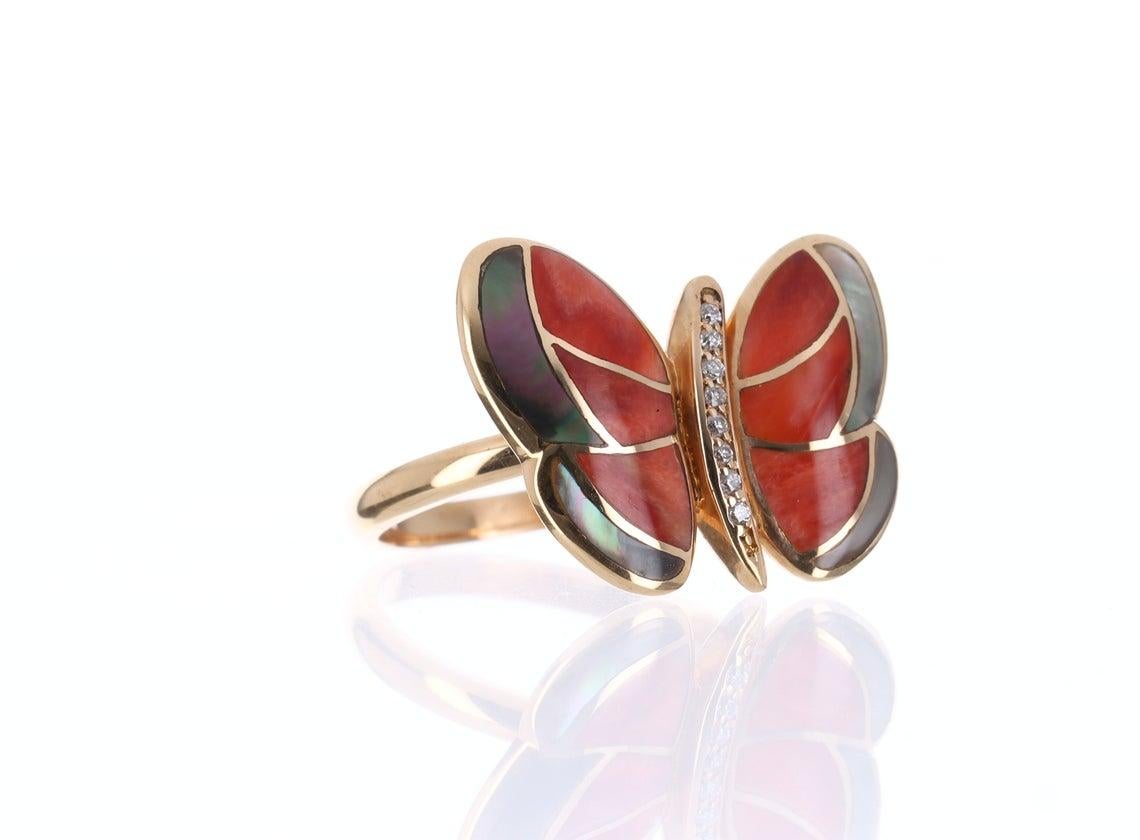 Modern Mother of Pearl, Agate, & Diamond Butterfly Ring 18K For Sale