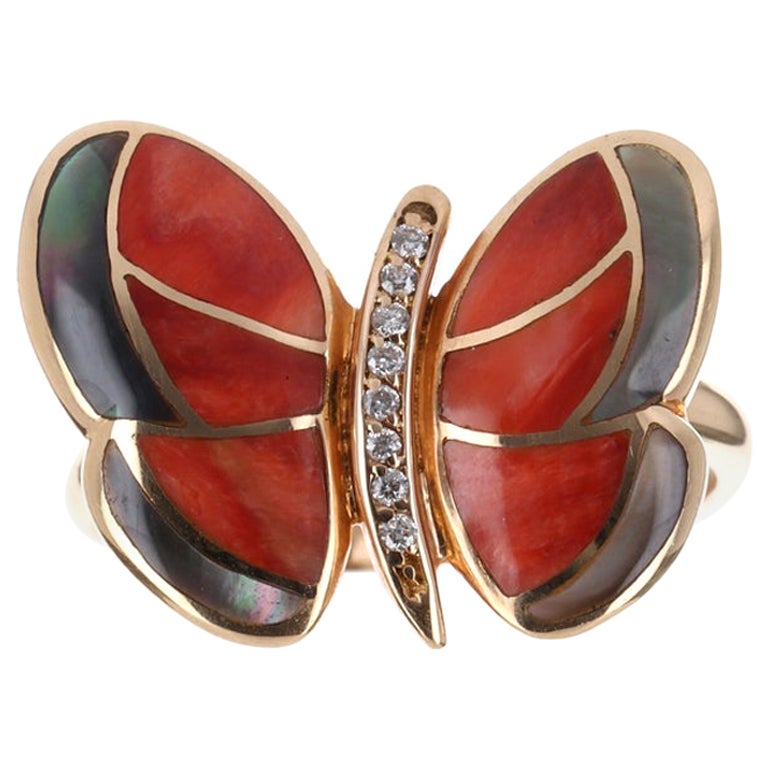 Bague papillon en nacre, agate et diamant 18 carats en vente