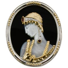 Mother of Pearl and 14 Karat Yellow Gold Sterling Silver Erte Solome Pin