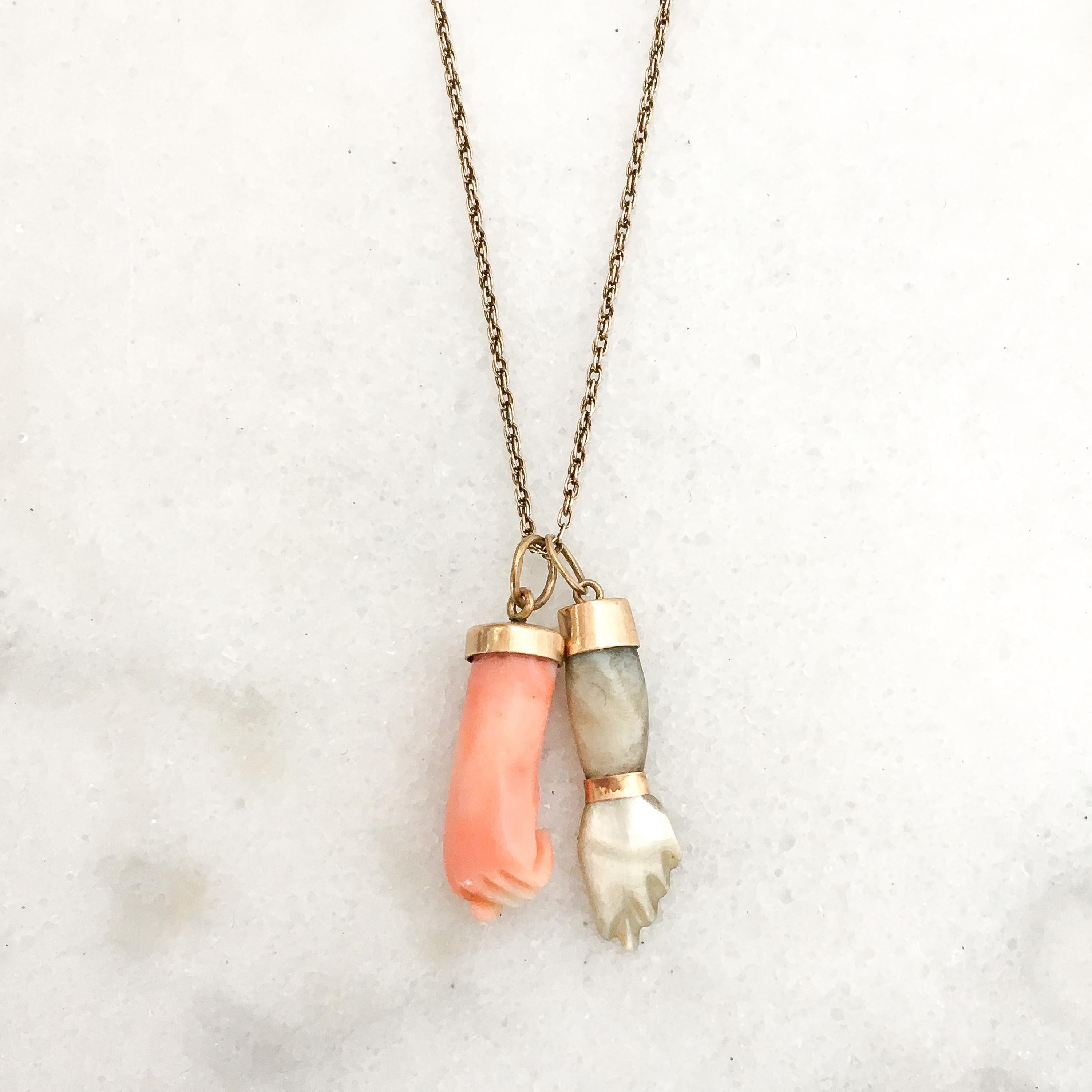 Single Cut Mano Figa Mother of Pearl 14 Karat Gold Charm Pendant