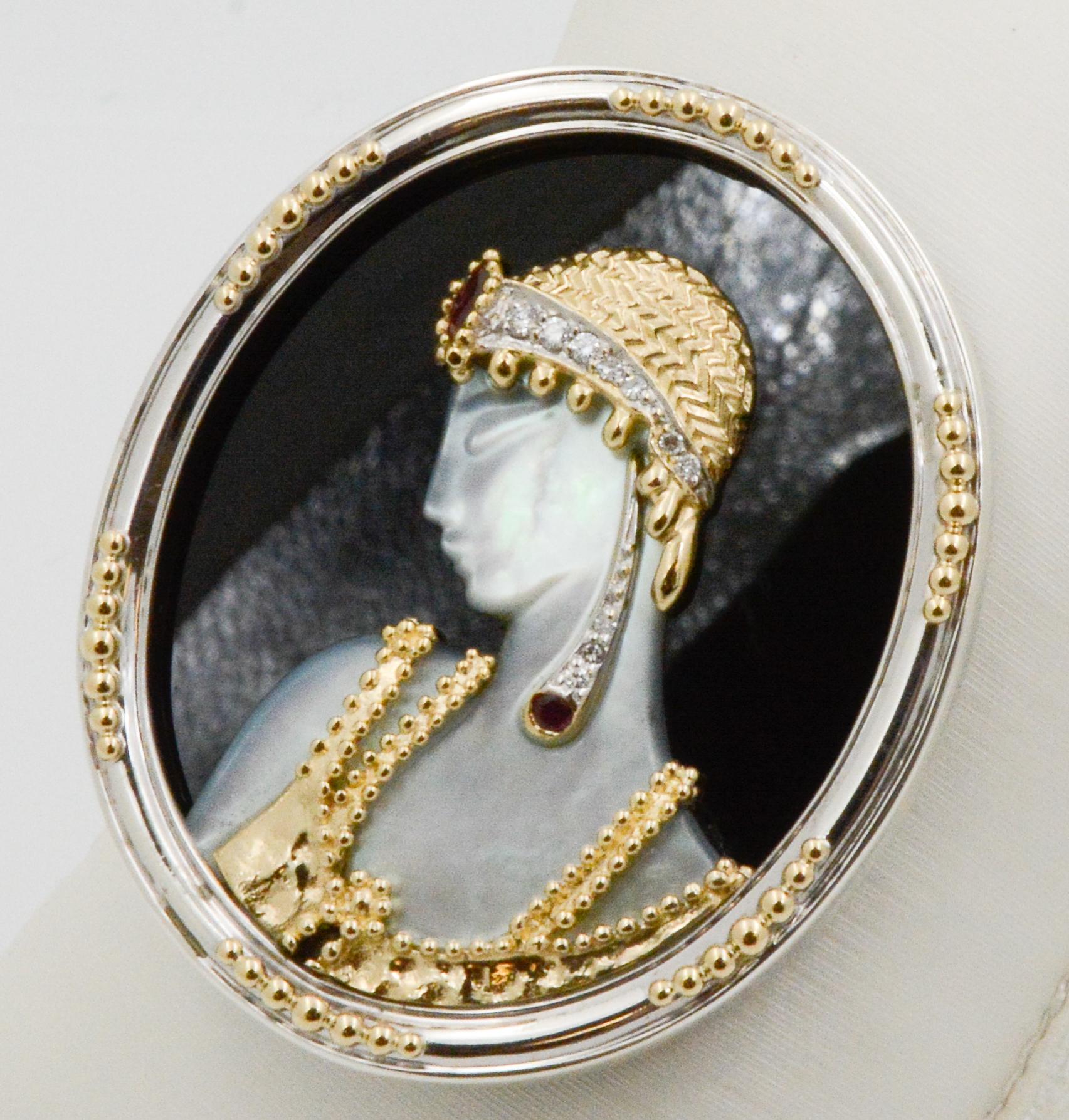 Cabochon Mother of Pearl and 14 Karat Yellow Gold Sterling Silver Erte Solome Pin