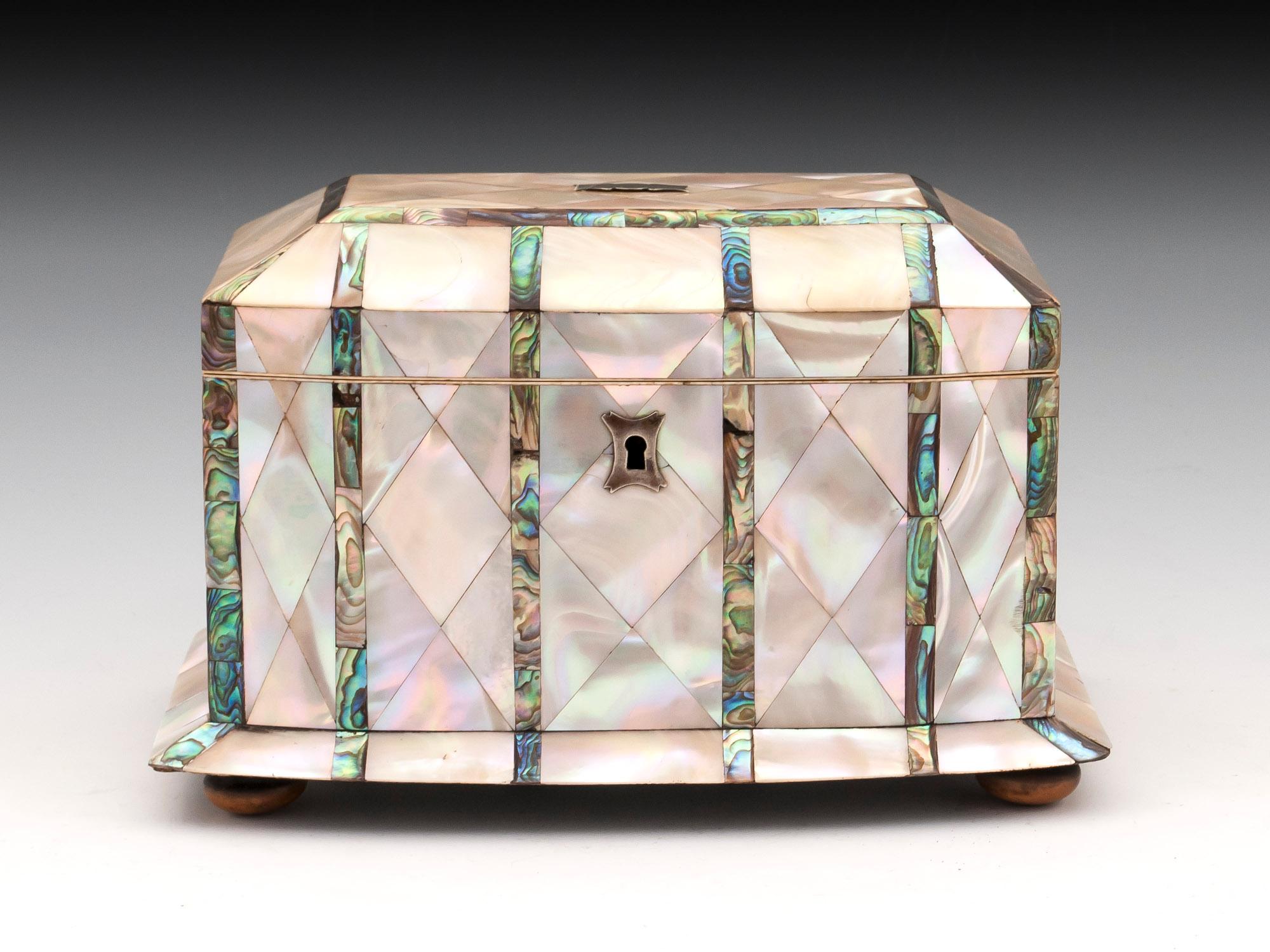 Bow fronted tea caddy with thick mother-of-pearl diamond panels separated by equal bands of abalone. With ornate silver escutcheon and vacant initial plate on the top. The mother-of-pearl tea caddy has a canted top and flared plinth and stands on