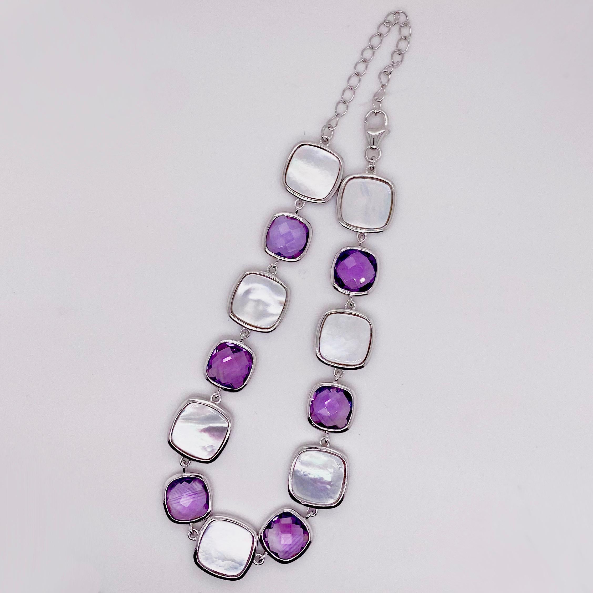 Amethyst and Mother-of-Pearl look fabulous together! The bezels around each gemstone are very secure and this bracelet will fit any size of wrist from small to large. The iridescence of the stones look incredible set in the white metal of the