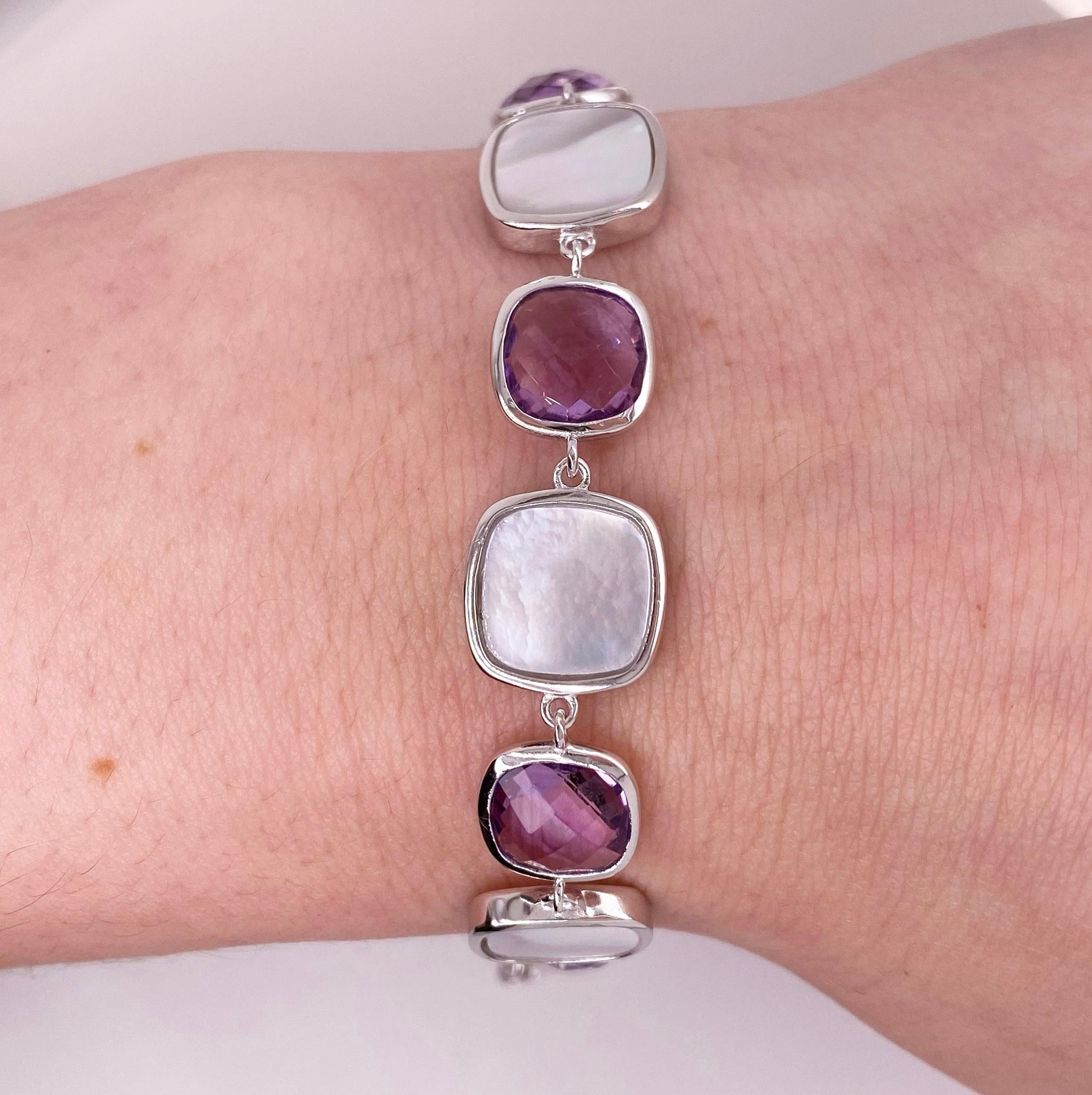 Artisan Mother of Pearl and Amethyst Gemstone Link Bracelet For Sale