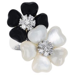 Mother of Pearl and Black Onyx Double Floral Ring with 0.40 Cts. Diamonds, 18K