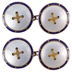 Mother of Pearl and Blue Enamel Edwardian Button Cufflinks in 9ct Gold in Box