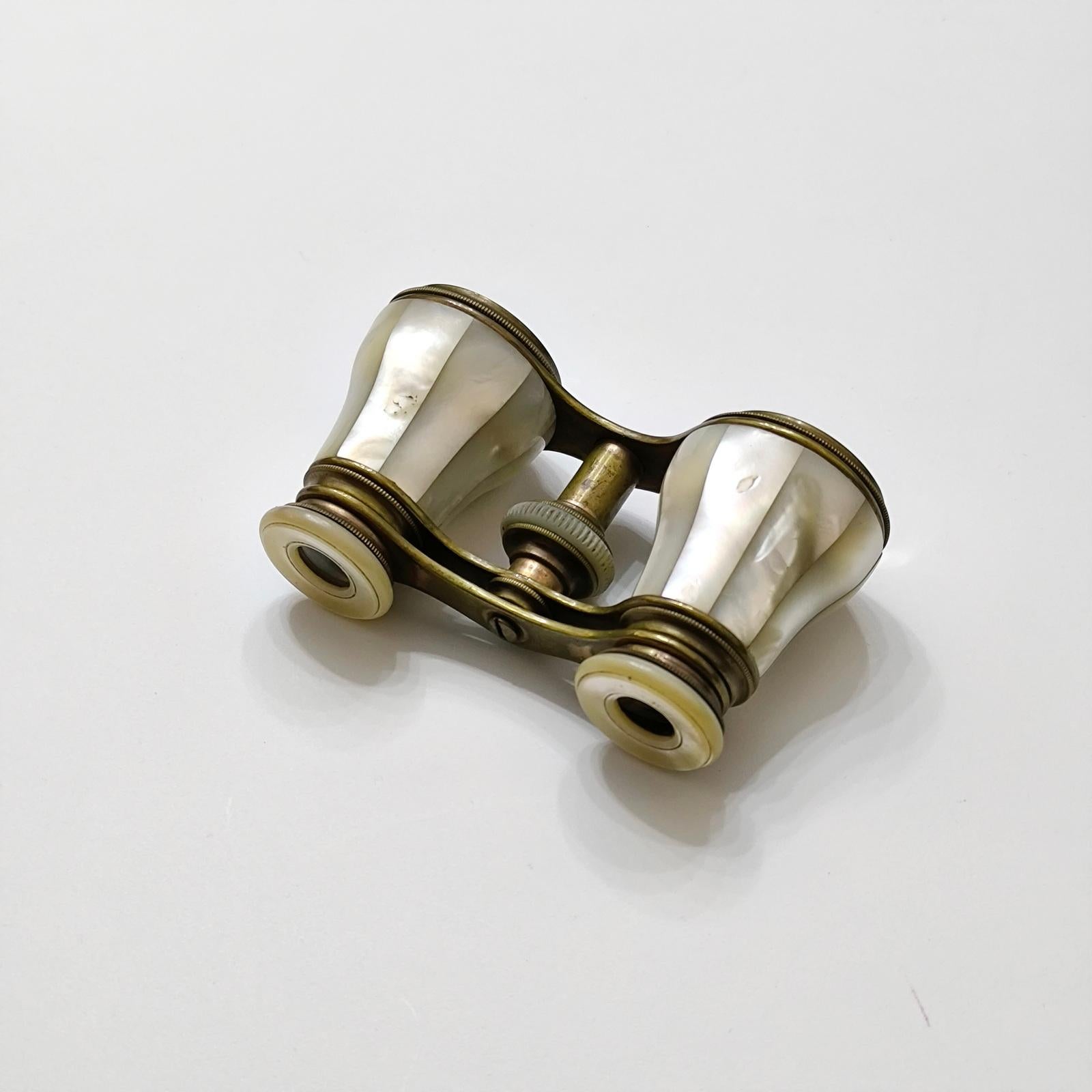 Mother of Pearl and Brass French Opera Binoculars With Leather Case France 1920s For Sale 5