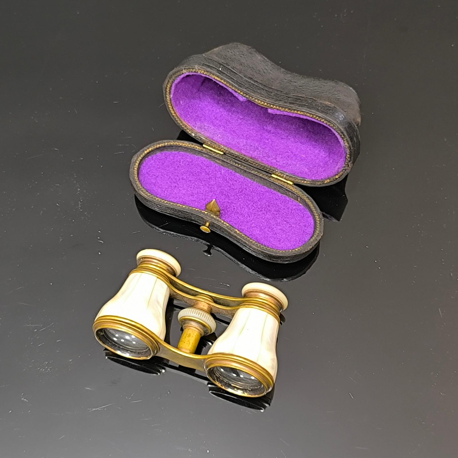 Art Deco Mother of Pearl and Brass French Opera Binoculars With Leather Case France 1920s For Sale