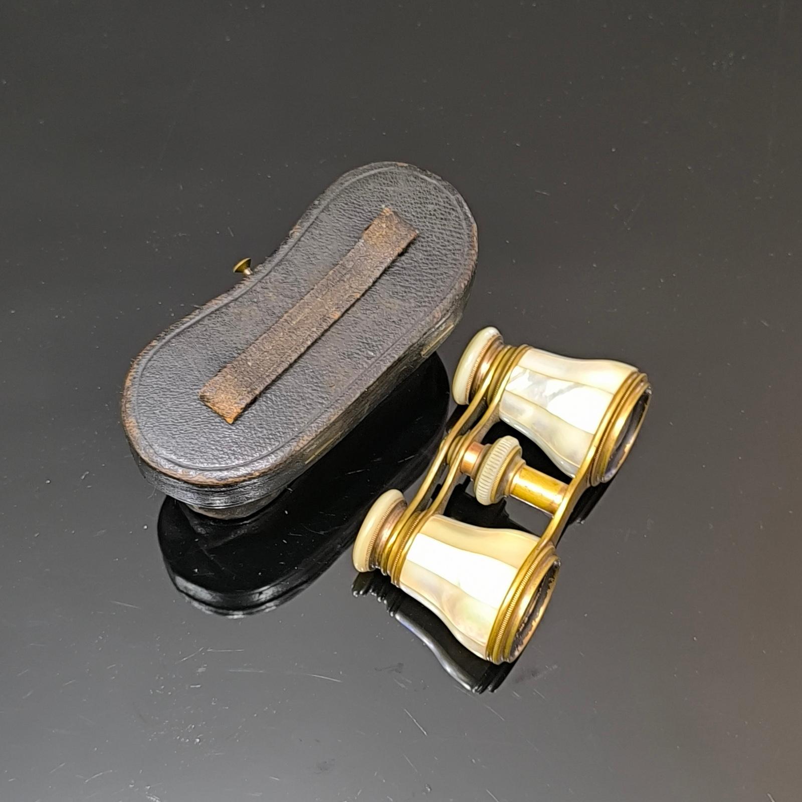 Mother of Pearl and Brass French Opera Binoculars With Leather Case France 1920s For Sale 1