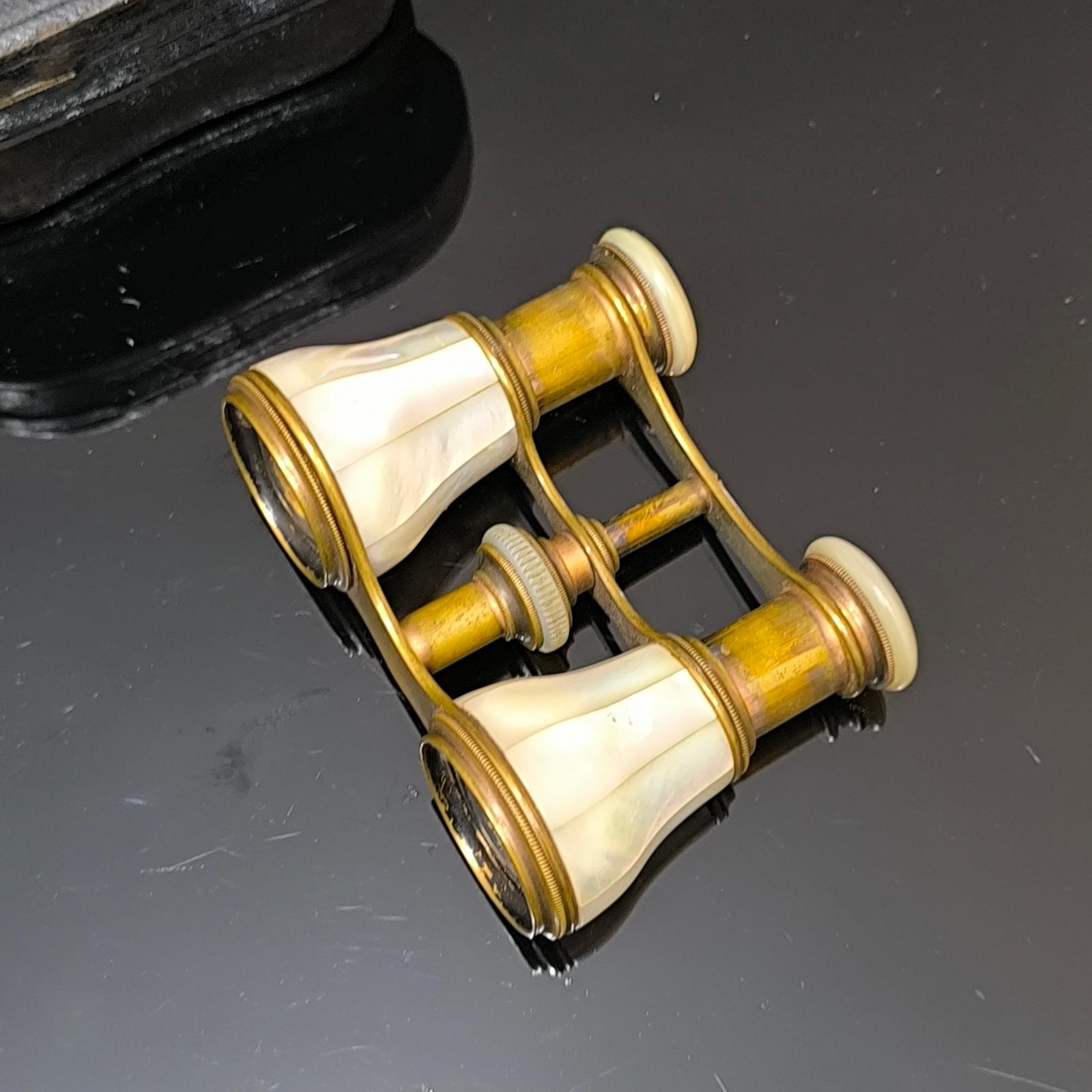 Mother of Pearl and Brass French Opera Binoculars With Leather Case France 1920s For Sale 2
