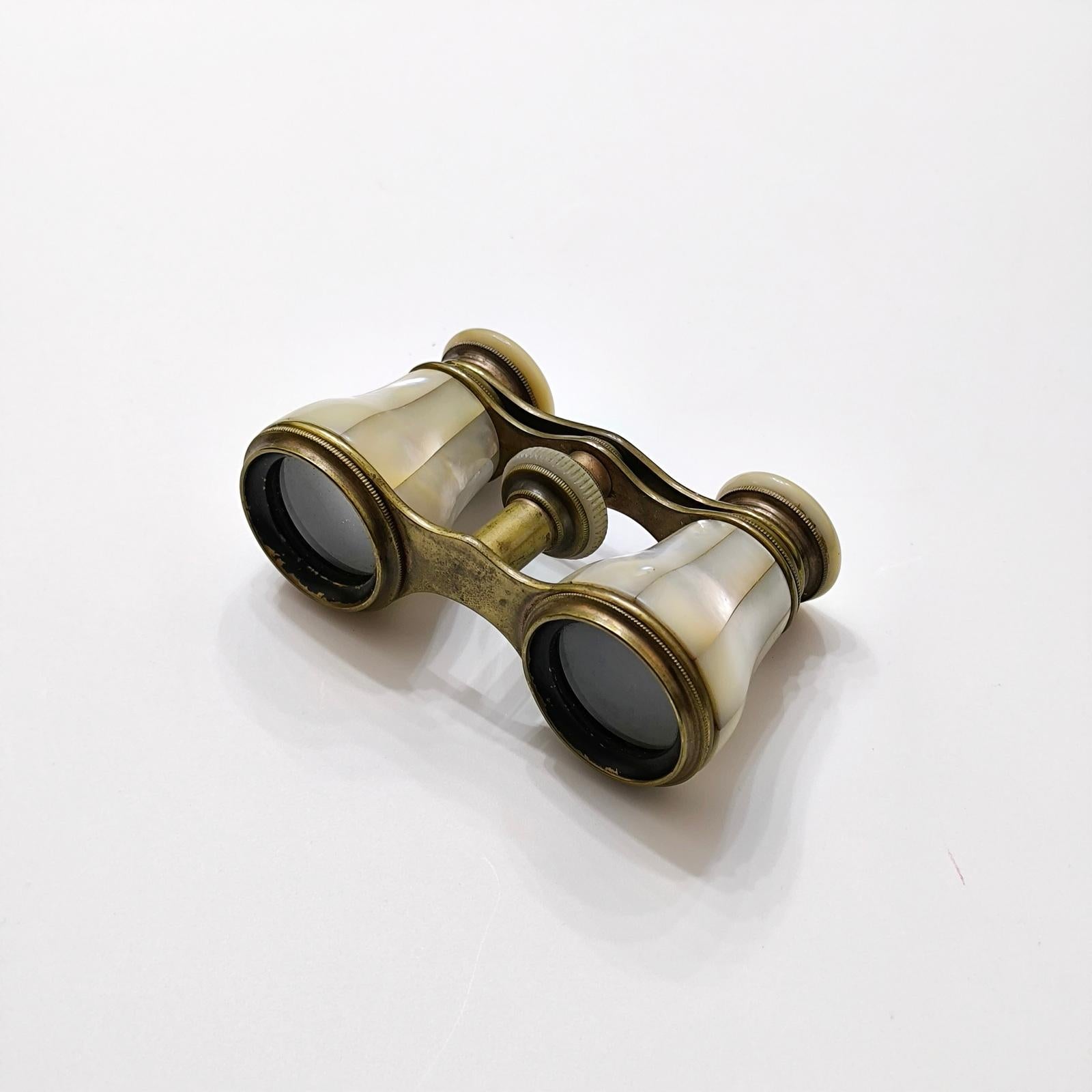 Mother of Pearl and Brass French Opera Binoculars With Leather Case France 1920s For Sale 4