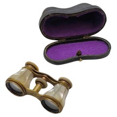Mother of Pearl and Brass French Opera Binoculars With Leather Case France 1920s