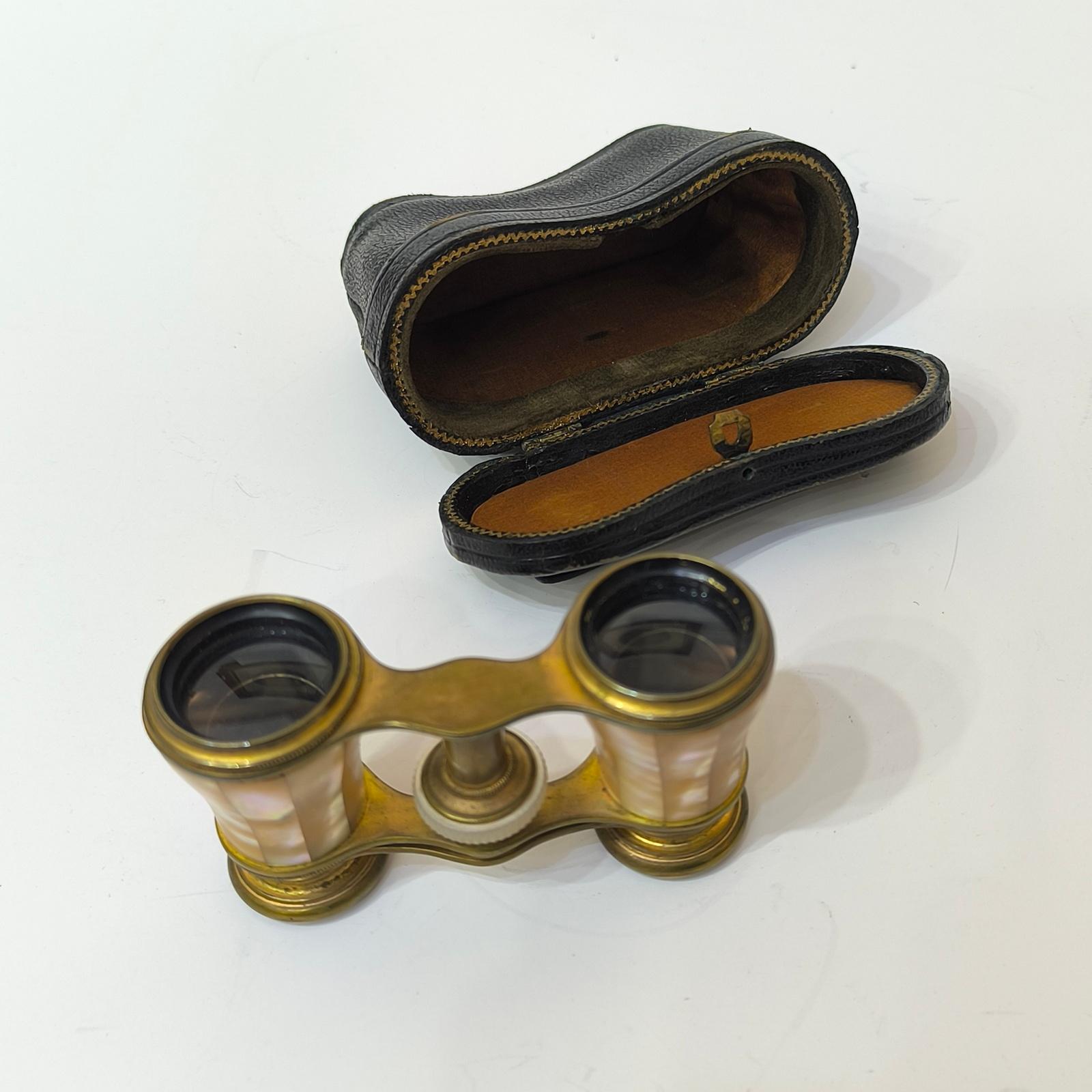 Mother of Pearl and Brass French Opera Glasses With Leather Case, France 1920s 5