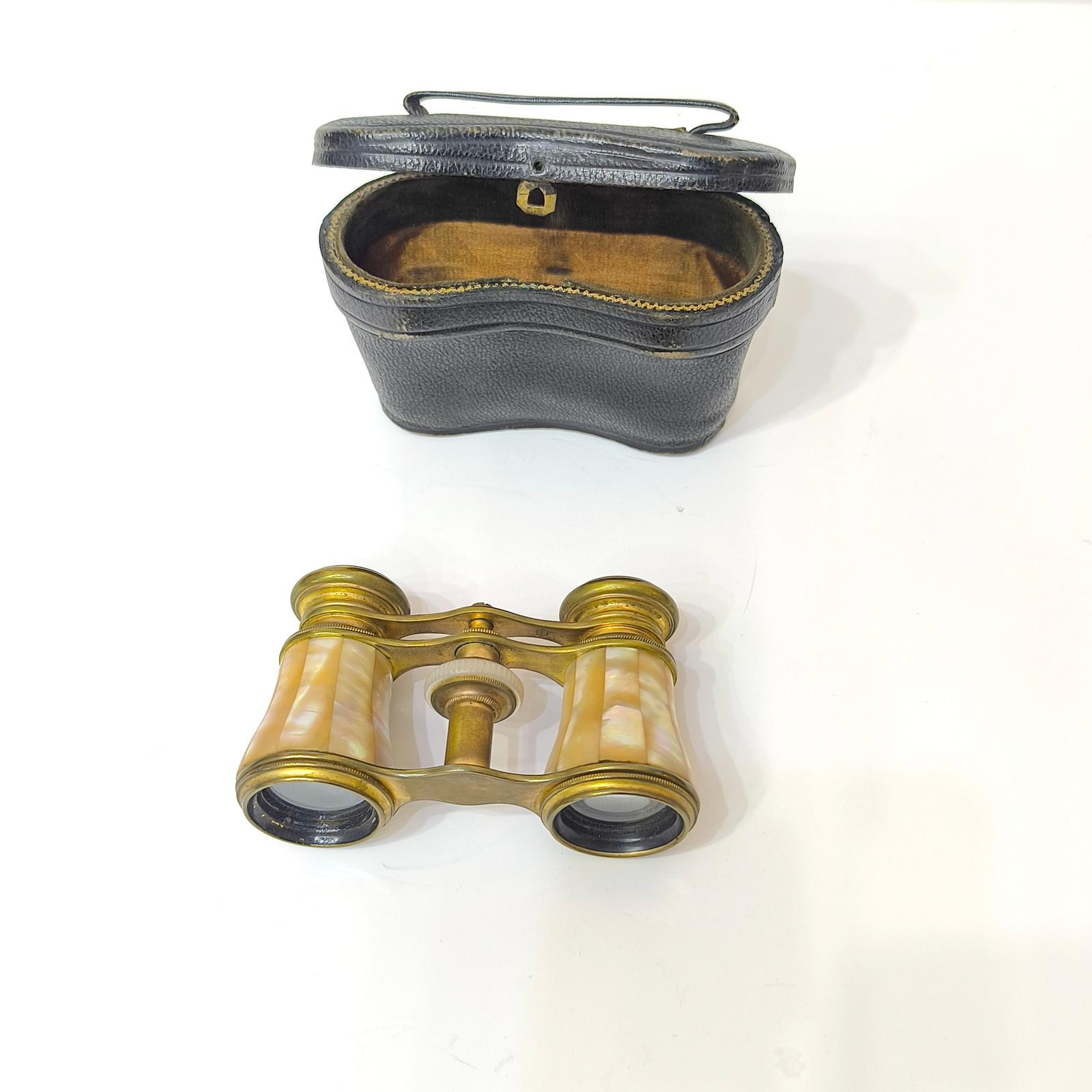 Art Deco Mother of Pearl and Brass French Opera Glasses With Leather Case, France 1920s