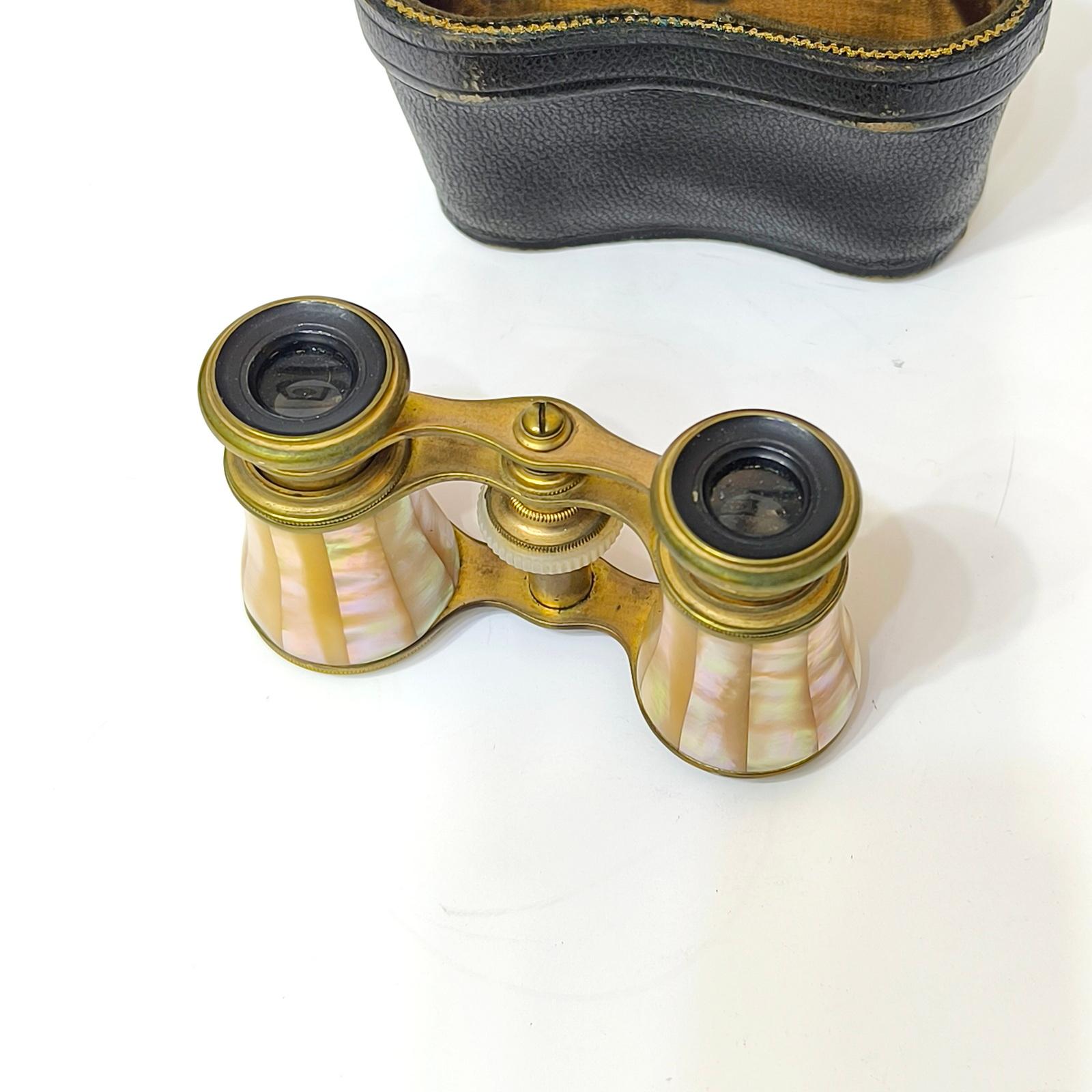 Mother of Pearl and Brass French Opera Glasses With Leather Case, France 1920s 1