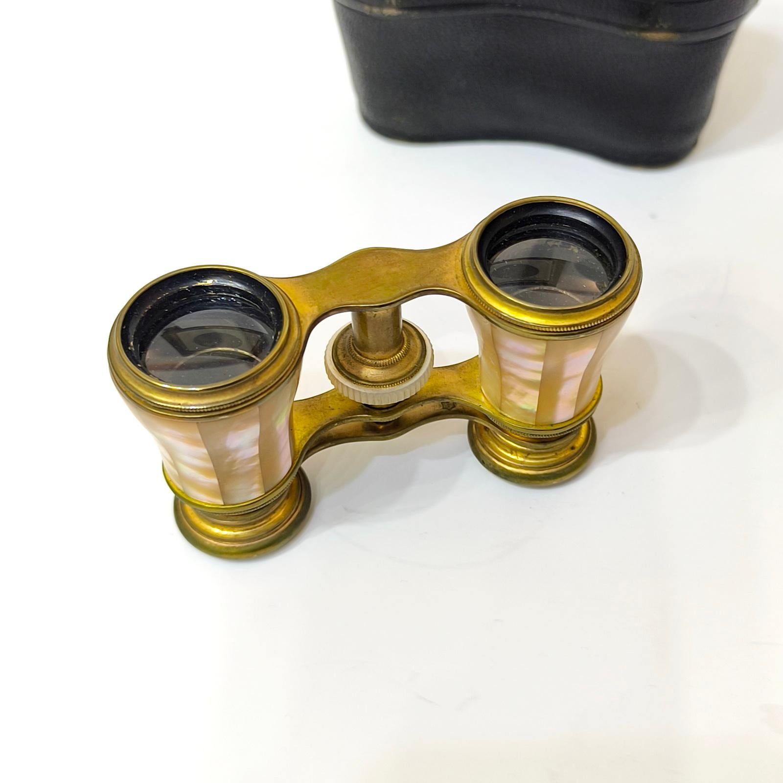 Mother of Pearl and Brass French Opera Glasses With Leather Case, France 1920s 2