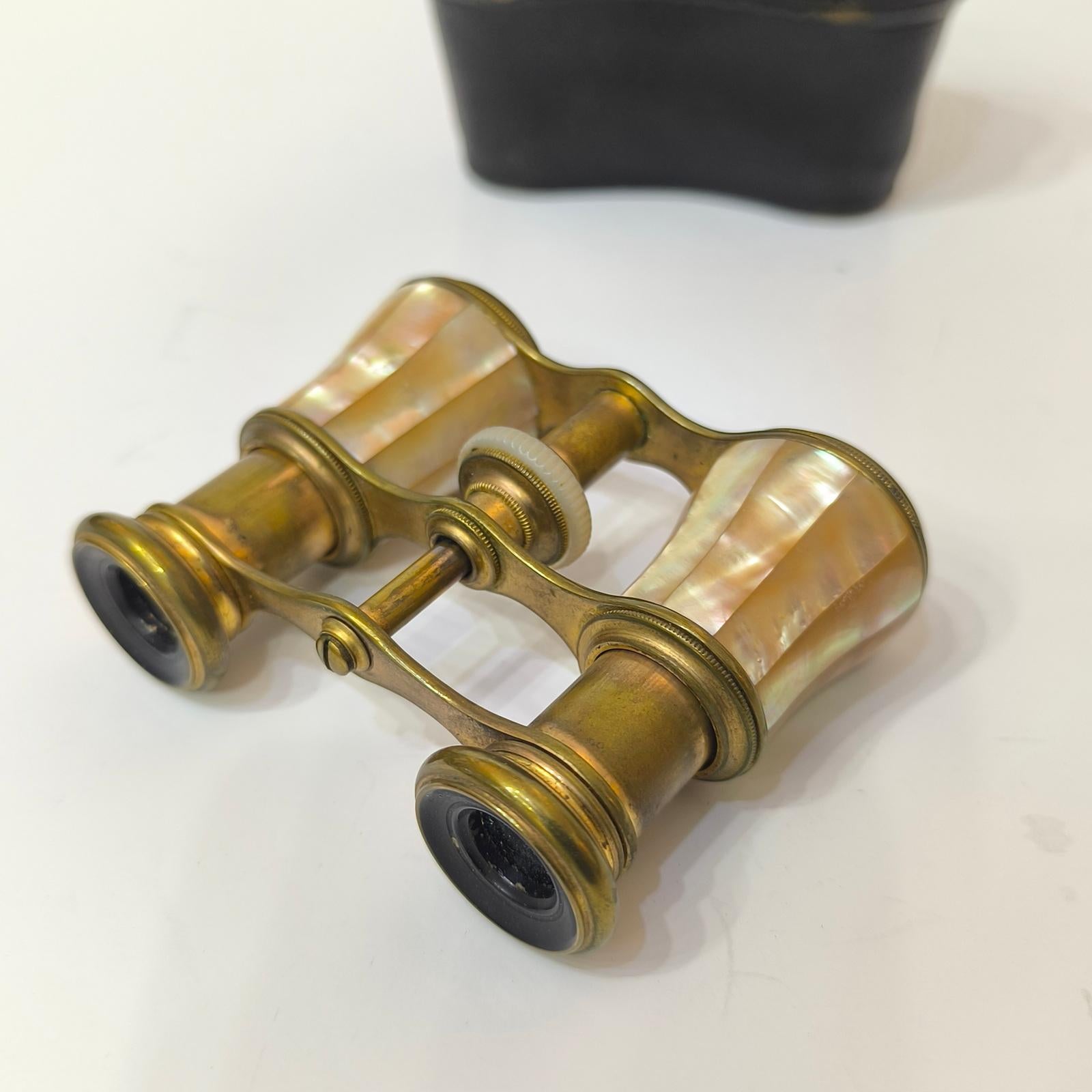 Mother of Pearl and Brass French Opera Glasses With Leather Case, France 1920s 3