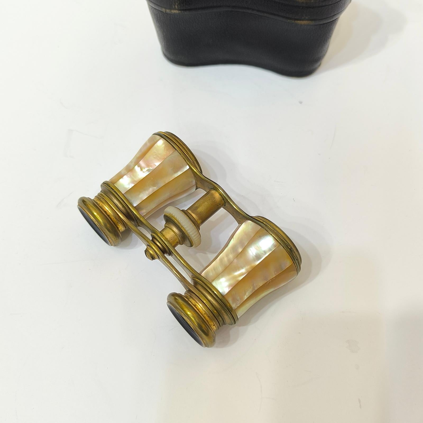 Mother of Pearl and Brass French Opera Glasses With Leather Case, France 1920s 4