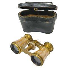 Mother of Pearl and Brass French Opera Glasses With Leather Case, France 1920s