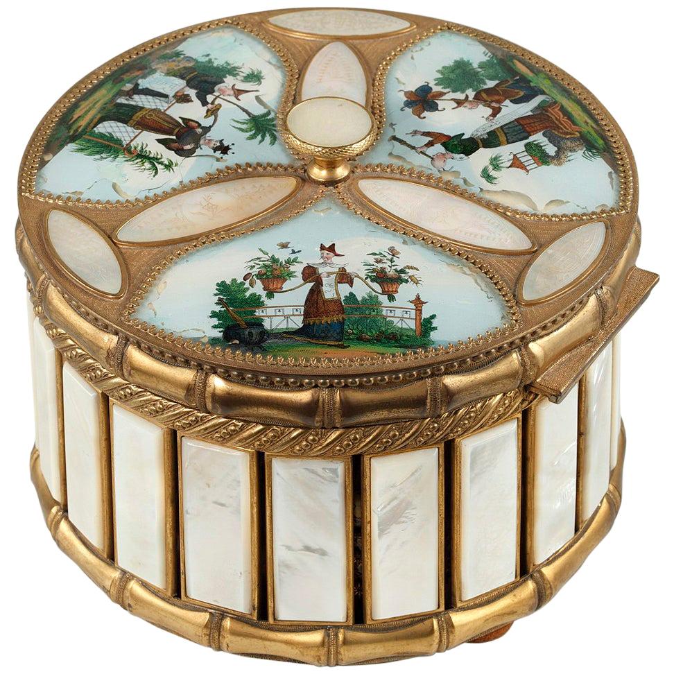 Mother of Pearl and Bronze Perfume Box with Scenes from the Far East