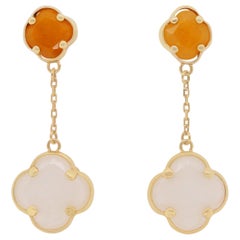Mother of Pearl and Citrine Clover Flower Dangle Drop Earrings 14K Yellow Gold