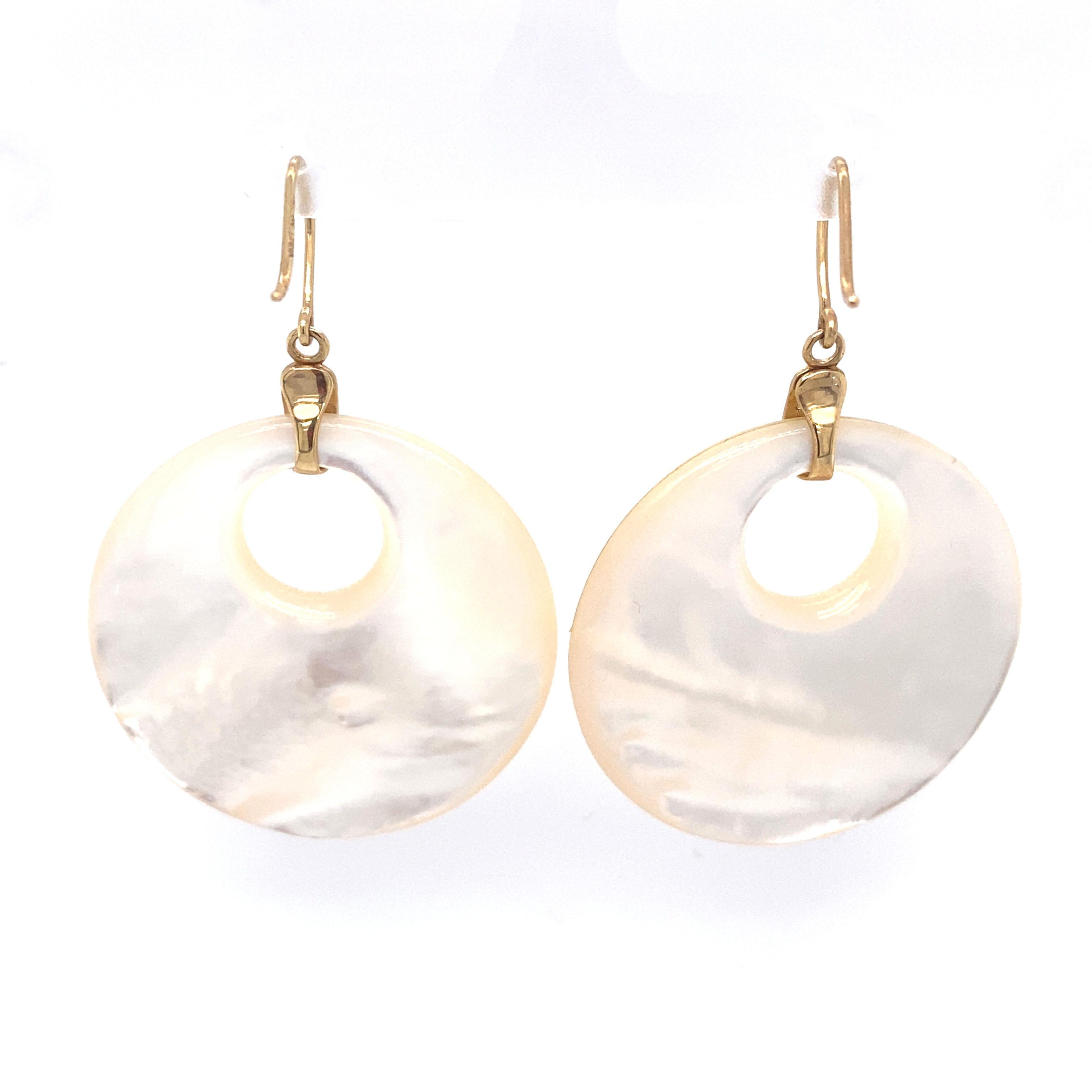 Retro Mother of Pearl and Diamond Circle Dangle Earrings in 14 Karat Gold For Sale