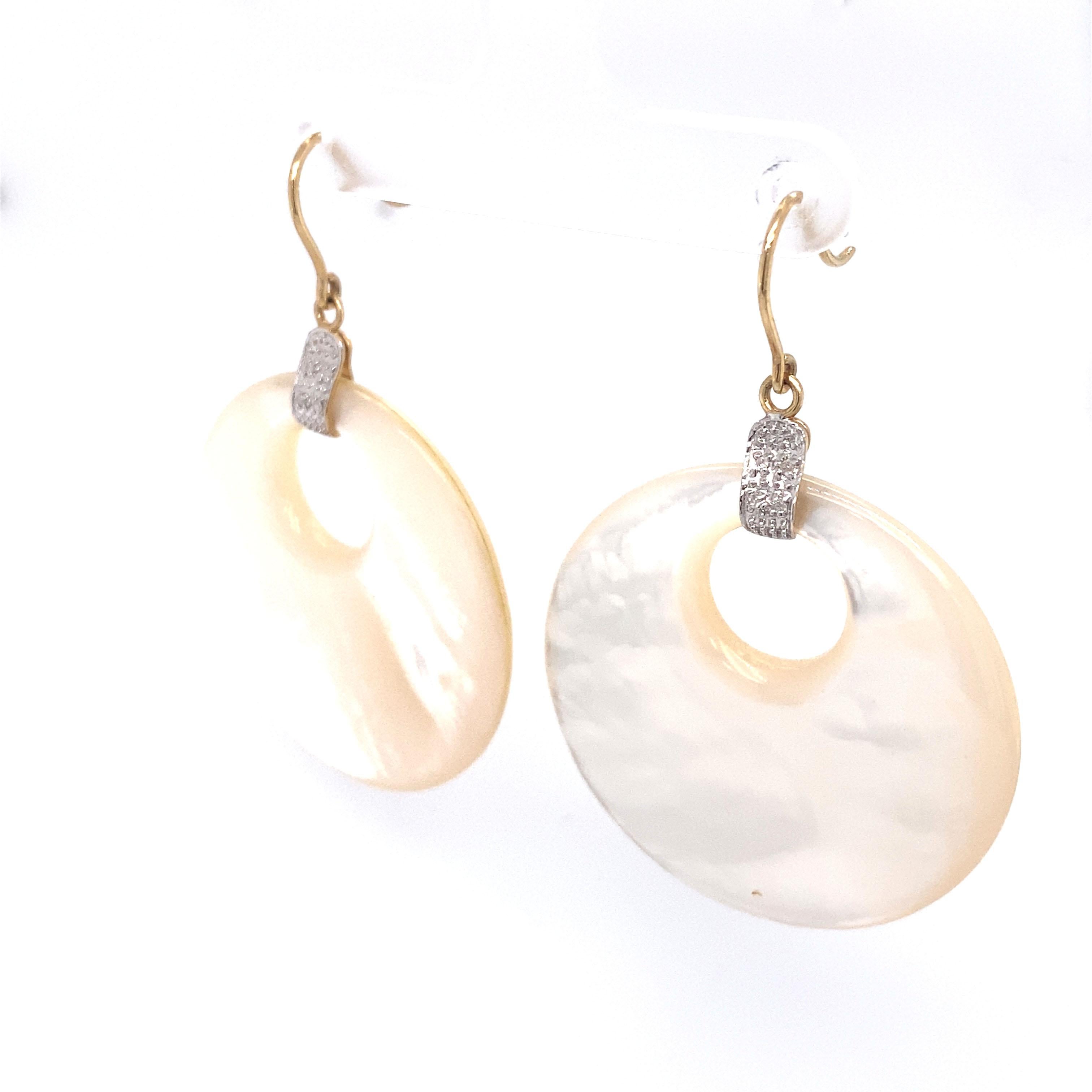Round Cut Mother of Pearl and Diamond Circle Dangle Earrings in 14 Karat Gold For Sale