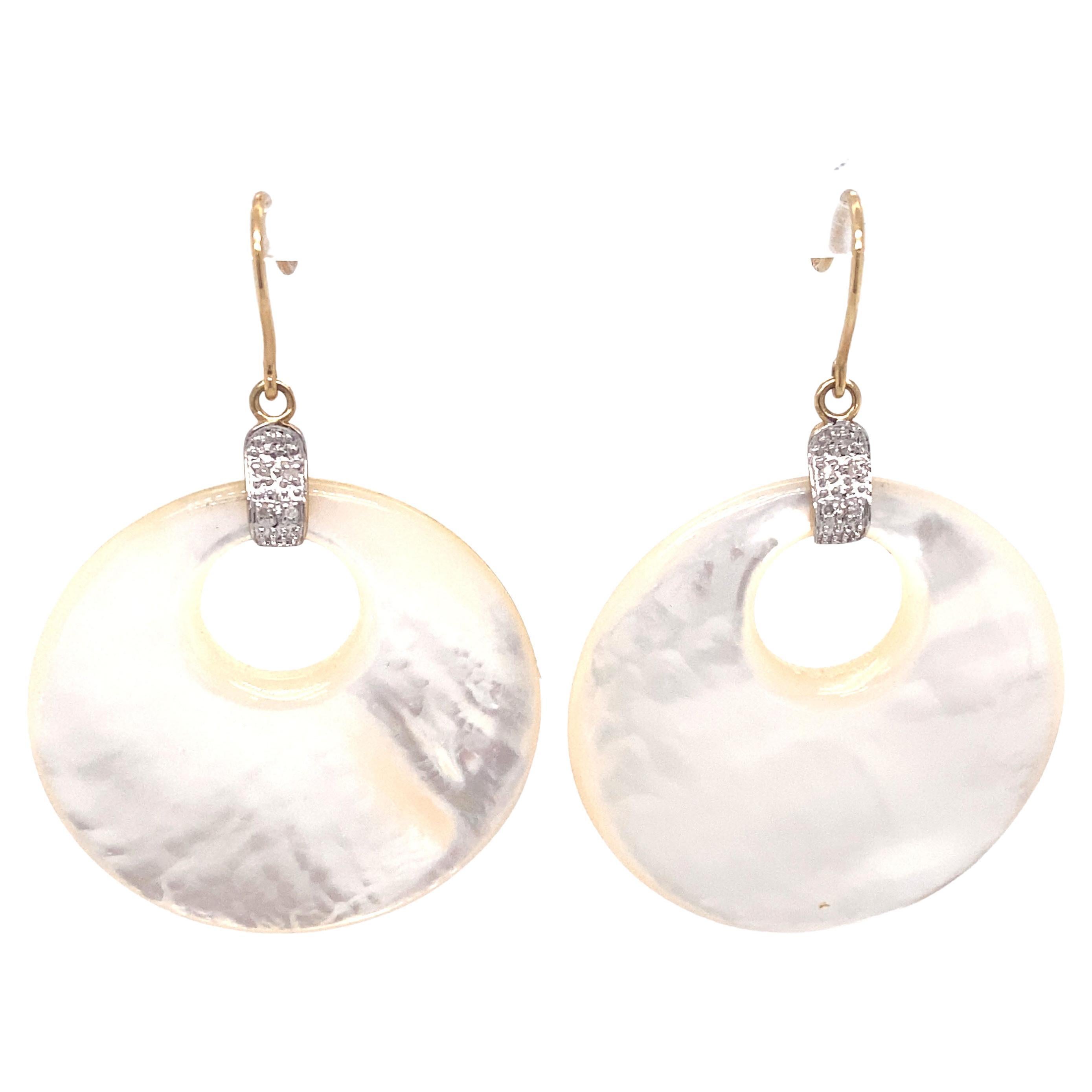 Mother of Pearl and Diamond Circle Dangle Earrings in 14 Karat Gold For Sale