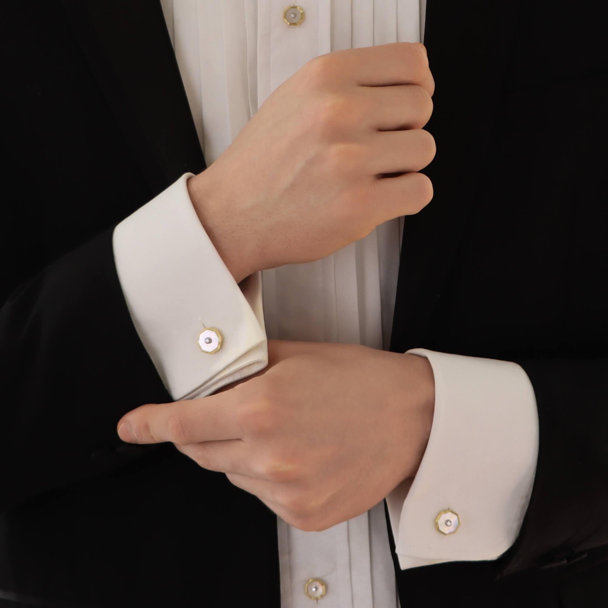 Modern Mother of Pearl and Diamond Cufflink and Shirt Stud Set in 18 Karat Yellow Gold