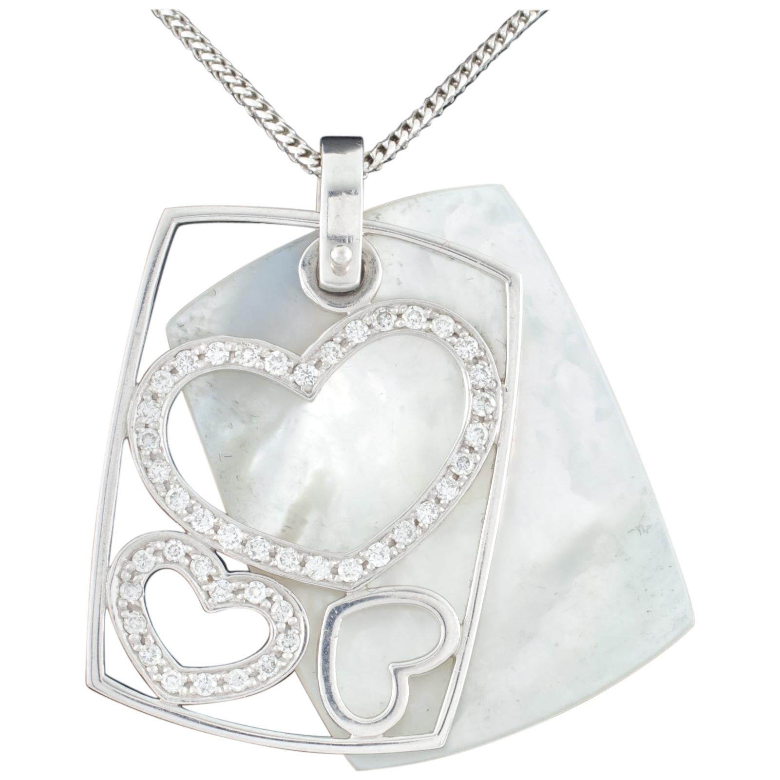 Mother of Pearl and Diamond Heart Pendant Set in 14 Karat White Gold with Chain For Sale