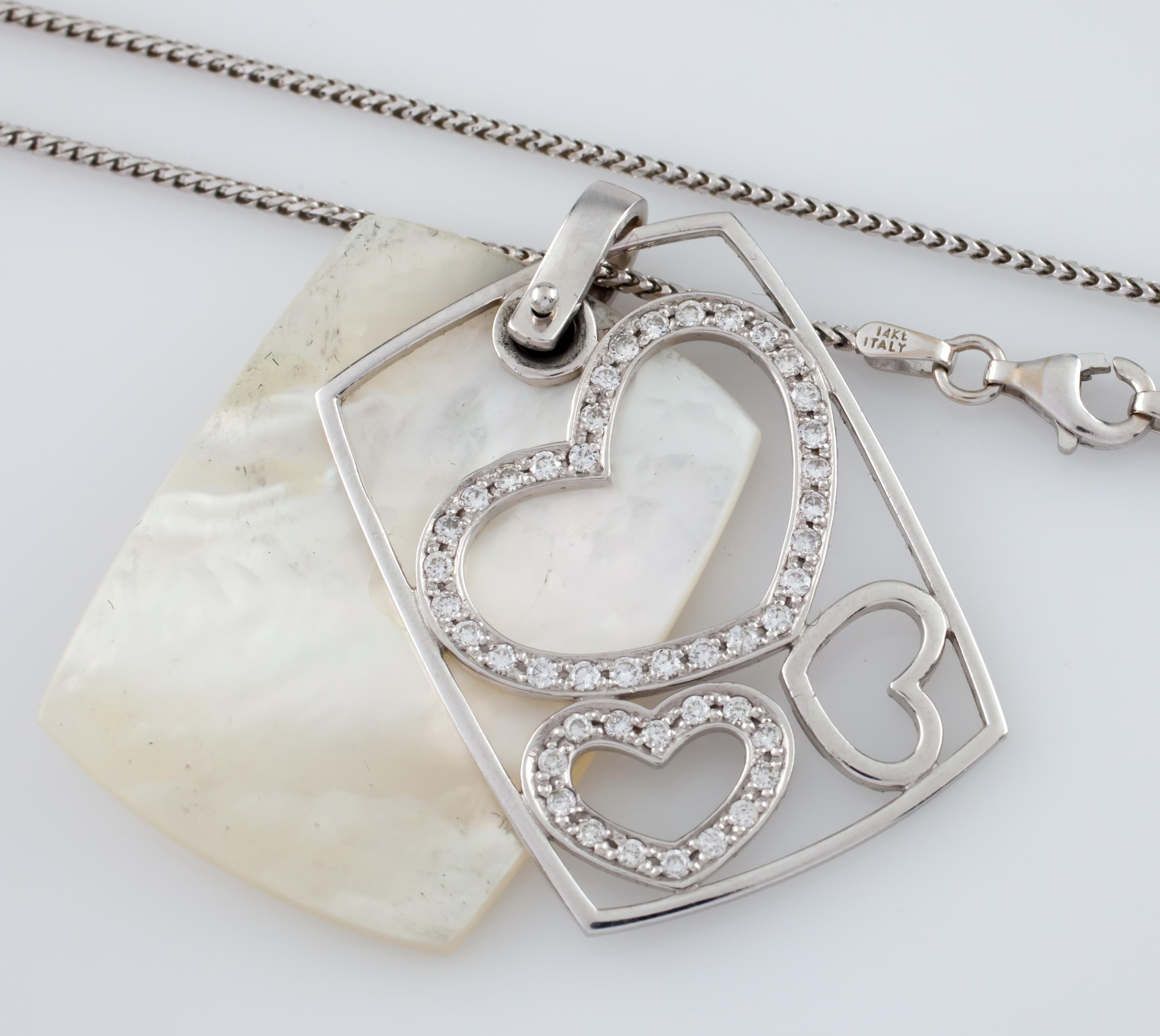 Round Cut Mother of Pearl and Diamond Heart Pendant Set in 14 Karat White Gold with Chain For Sale