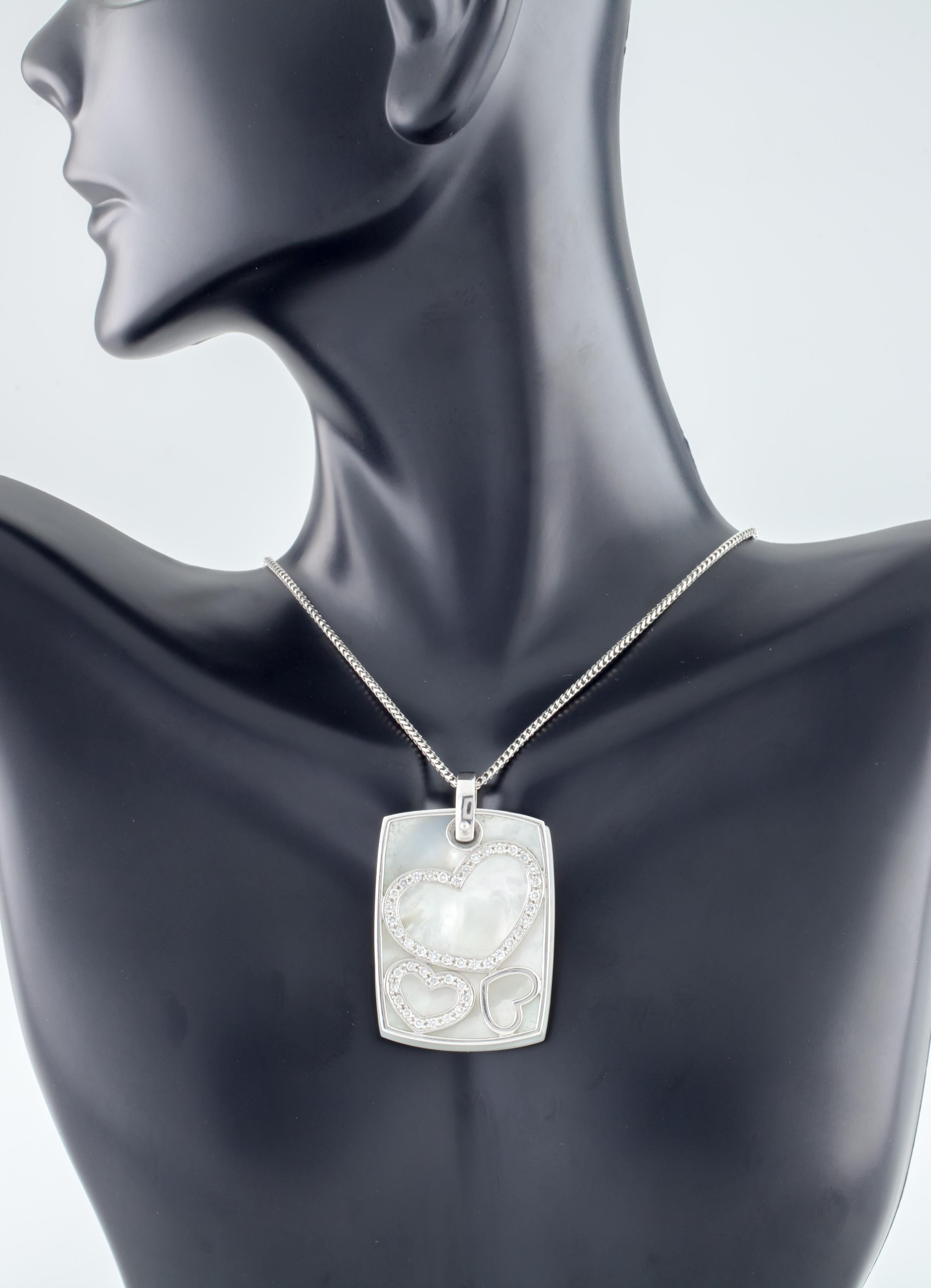Women's or Men's Mother of Pearl and Diamond Heart Pendant Set in 14 Karat White Gold with Chain For Sale