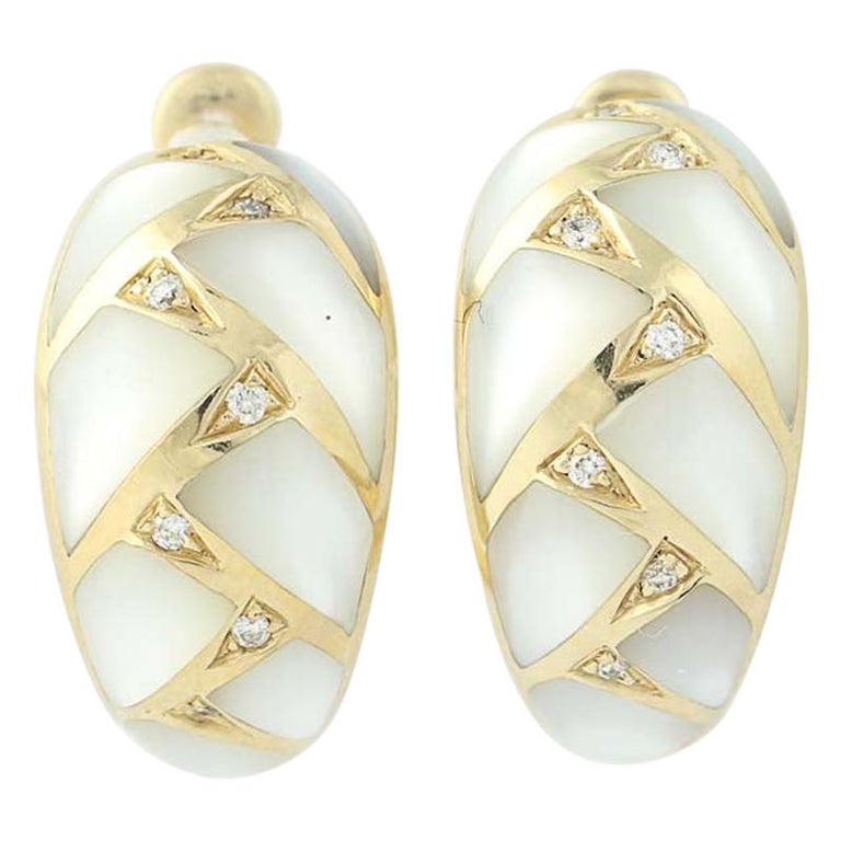 Mother of Pearl and Diamond Kabana Earrings, 14 Karat Gold Pierced J