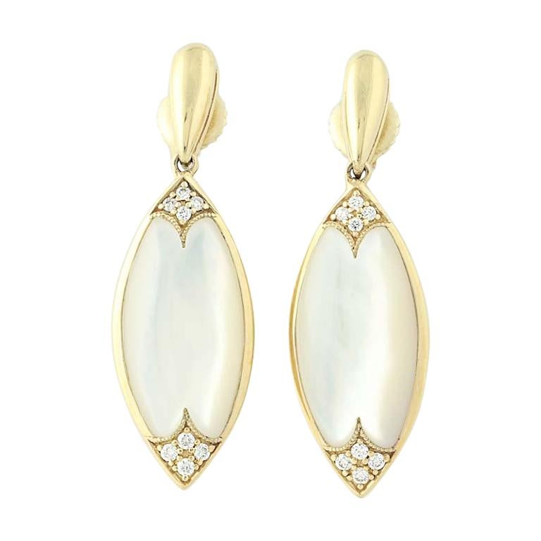 Mother of Pearl and Diamond Kabana Earrings, 14k Gold Round Brilliant .14 Carat