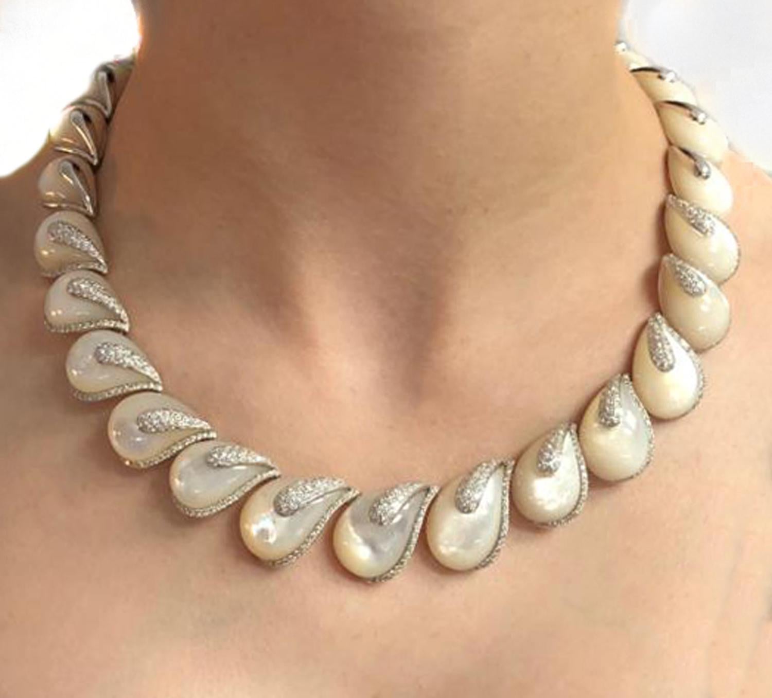 Women's Mother of Pearl and Diamond Necklace and Earring Set