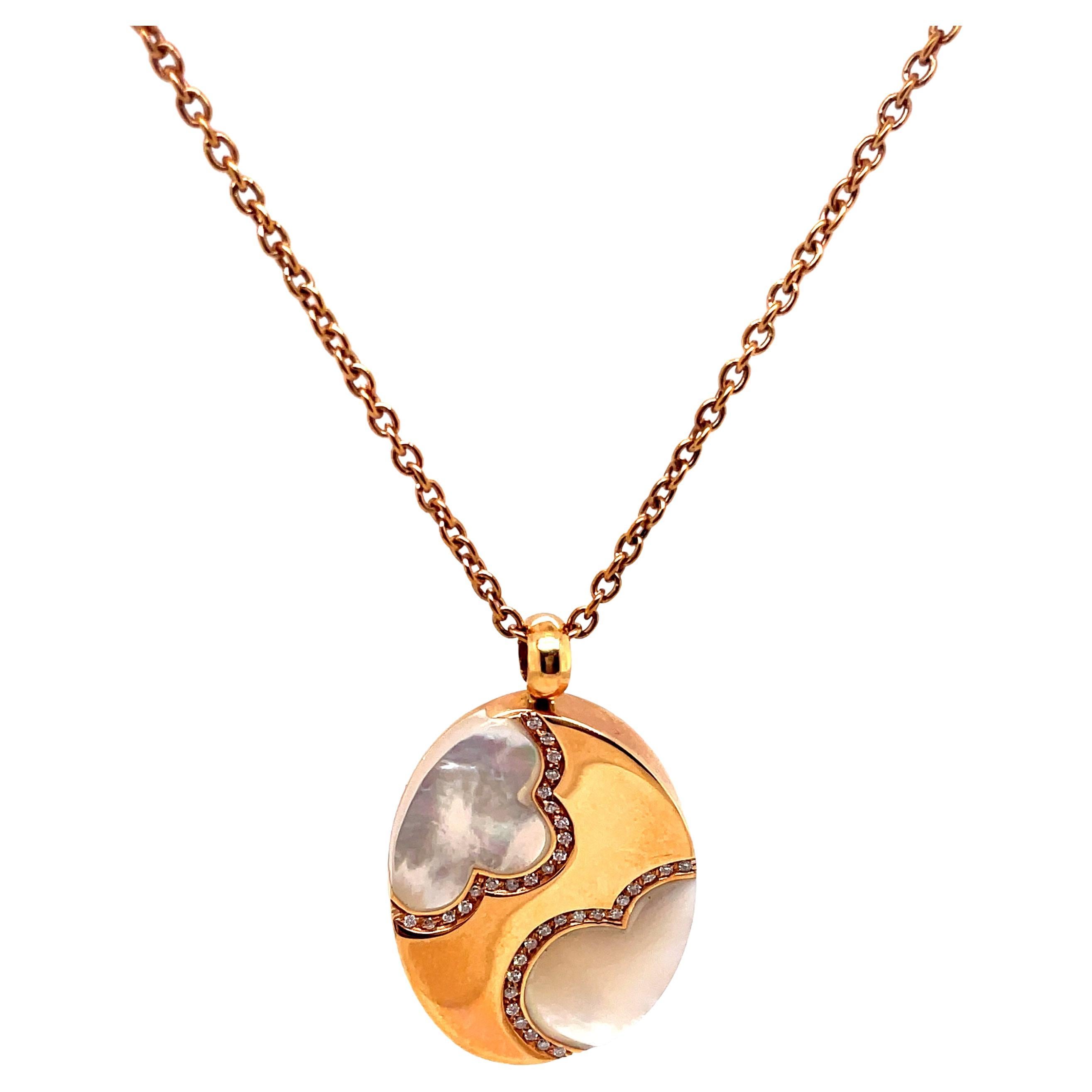 Mother of Pearl and Diamond Pendant Necklace 18 Karat Rose Gold For Sale