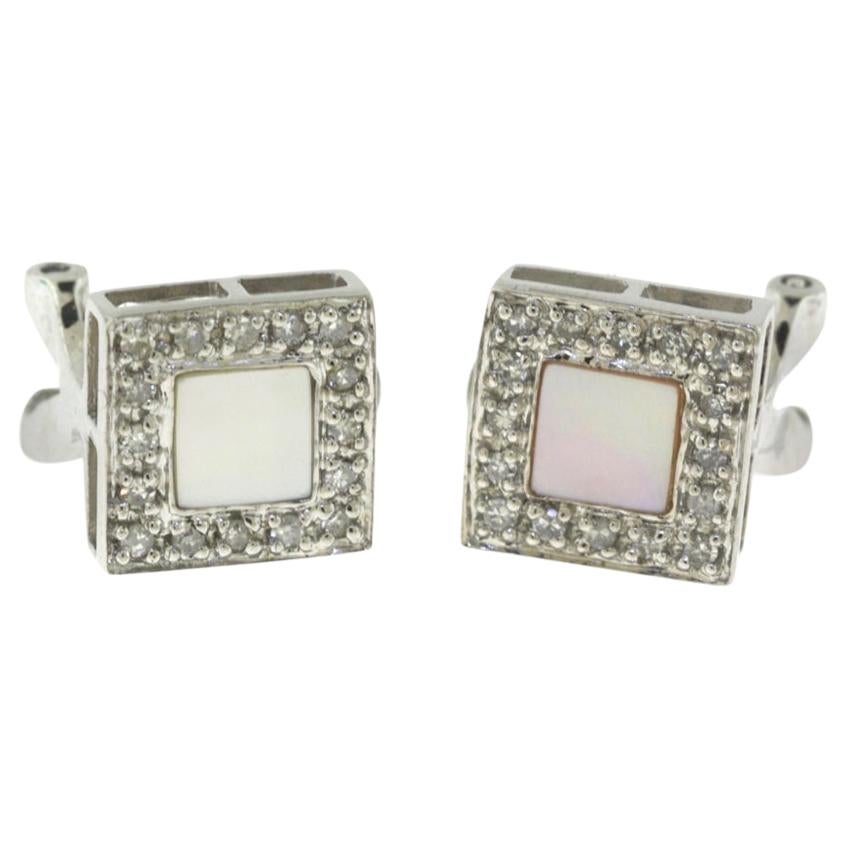 Mother of Pearl and Diamond White Gold Square Earrings