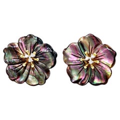 Mother of Pearl and Diamond Yellow Gold Floral Clip and Post Earrings