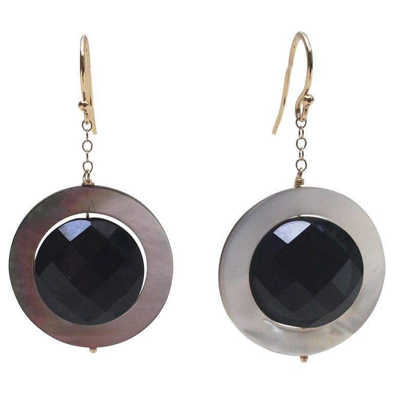 MotherofPearl and Faceted Onyx Bead Earrings with 14 Karat Yellow Gold Hook For Sale at 1stdibs